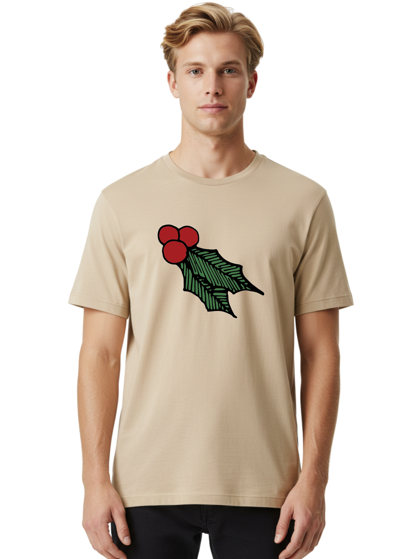 Holly-Leaf-With-Berries Men'S Graphic Tee, 100% Cotton, Comfortable Casual Summer Wear, Machine Washable, Holiday Decor, Festive Illustration, Christmas Symbolism, Holly Leaves, Red Berries, Winter Decoration, Seasonal Graphics - Aaa933