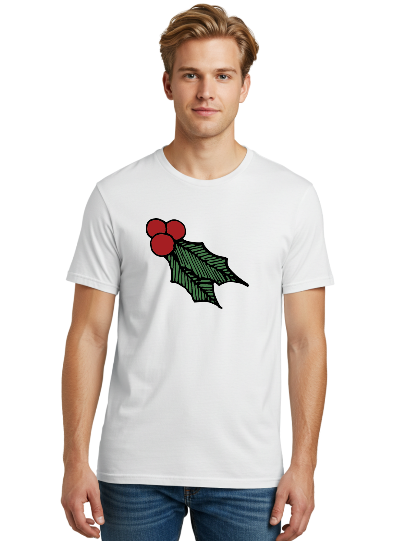 Holly-Leaf-With-Berries Men'S Graphic Tee, 100% Cotton, Comfortable Casual Summer Wear, Machine Washable, Holiday Decor, Festive Illustration, Christmas Symbolism, Holly Leaves, Red Berries, Winter Decoration, Seasonal Graphics - Aaa933