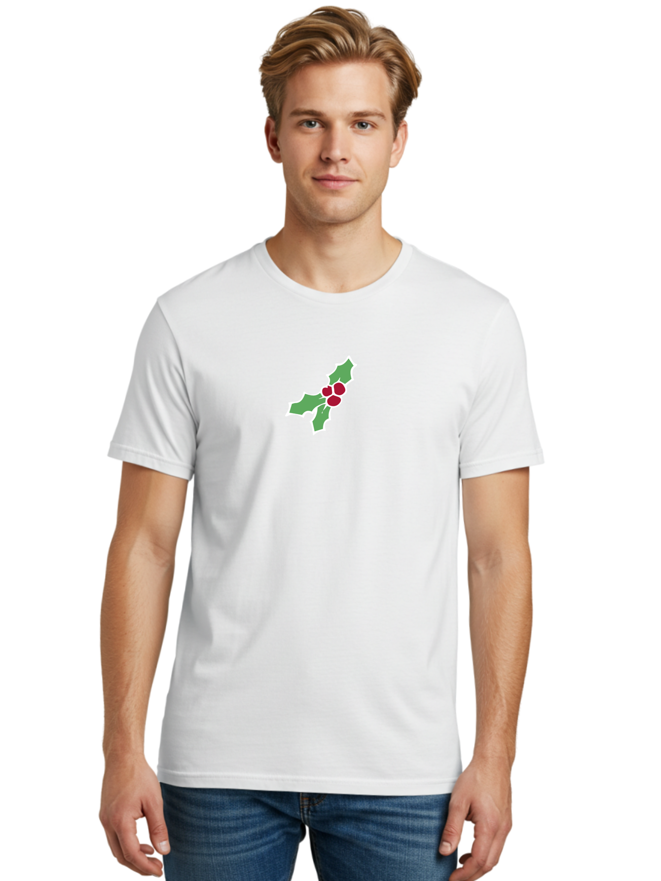 Holly-Leaves-And-Berries Men'S Graphic Tee, 100% Cotton, Comfortable Casual Summer Wear, Machine Washable, Holly Leaves, Red Berries, Festive Greenery, Christmas Decoration, Winter Symbol, Holiday Icon, Seasonal Motif, Festive Holiday Decor - Aaa935