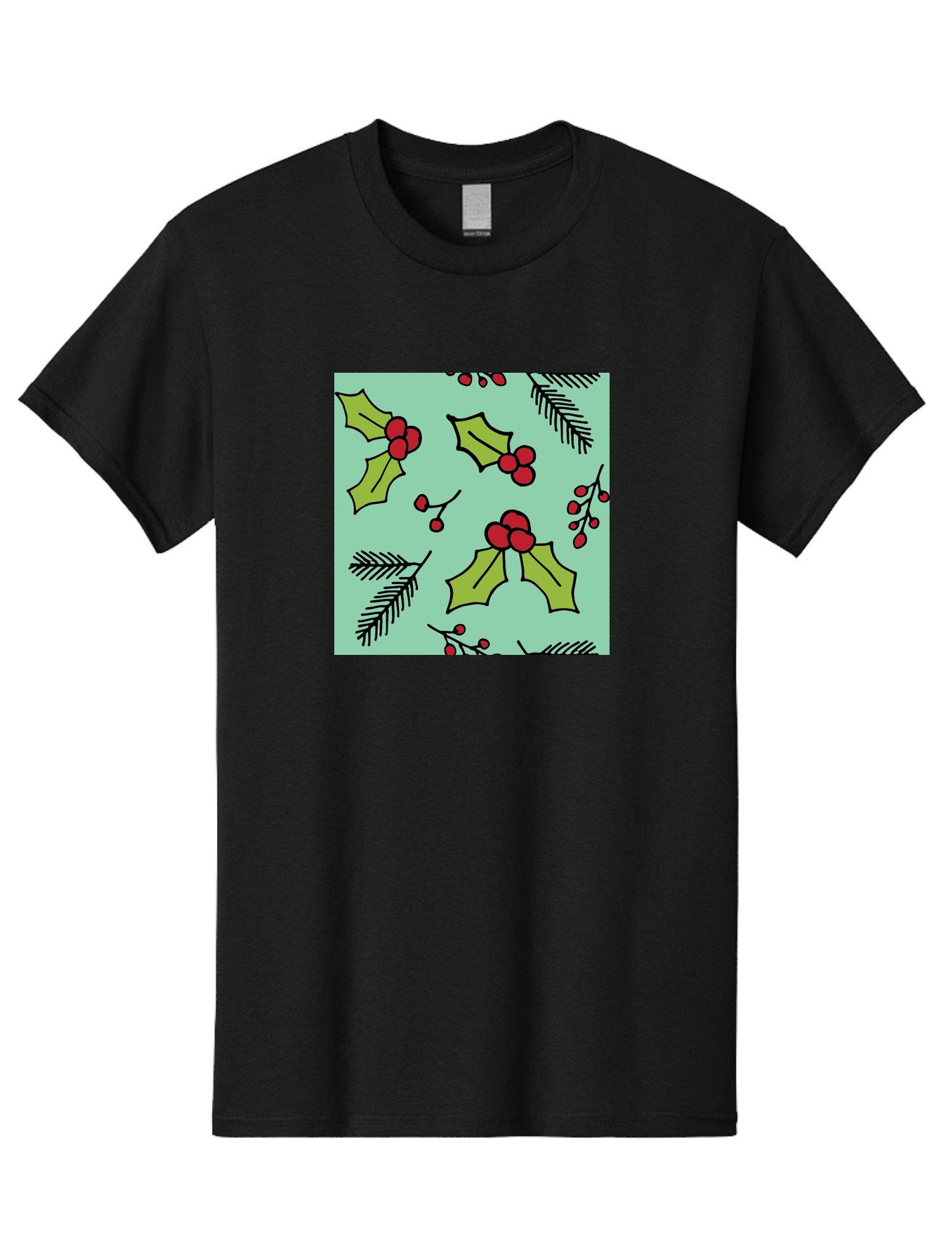 Holly-Pattern Men'S Graphic Tee, 100% Cotton, Comfortable Casual Summer Wear, Machine Washable, Holly Leaves, Red Berries, Festive Pattern, Christmas Decor, Winter Theme, Seasonal Design, Holiday Illustration, Green Leaves, Black Outlines - Aaa937
