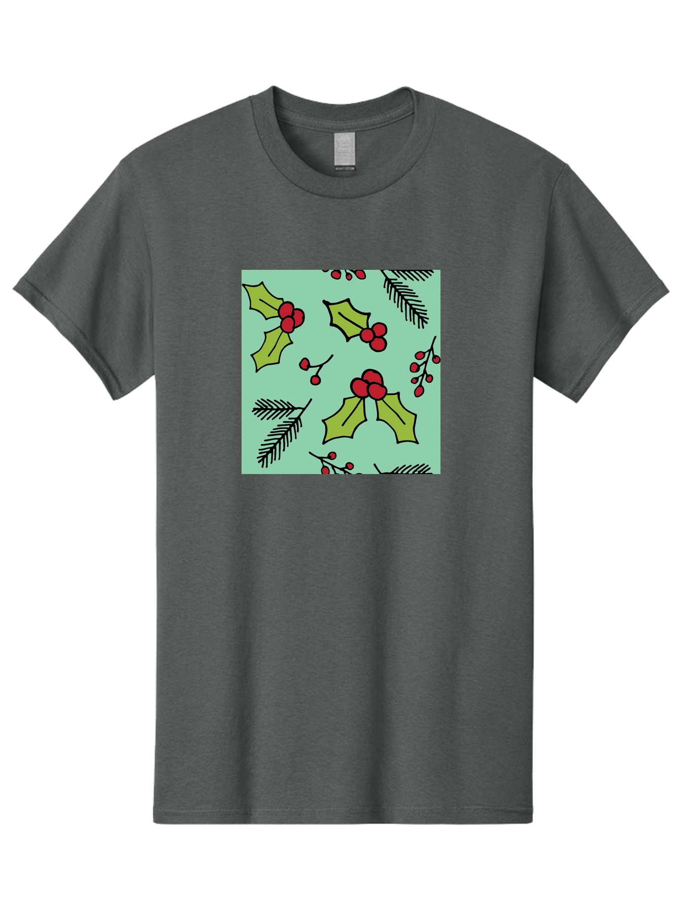 Holly-Pattern Men'S Graphic Tee, 100% Cotton, Comfortable Casual Summer Wear, Machine Washable, Holly Leaves, Red Berries, Festive Pattern, Christmas Decor, Winter Theme, Seasonal Design, Holiday Illustration, Green Leaves, Black Outlines - Aaa937