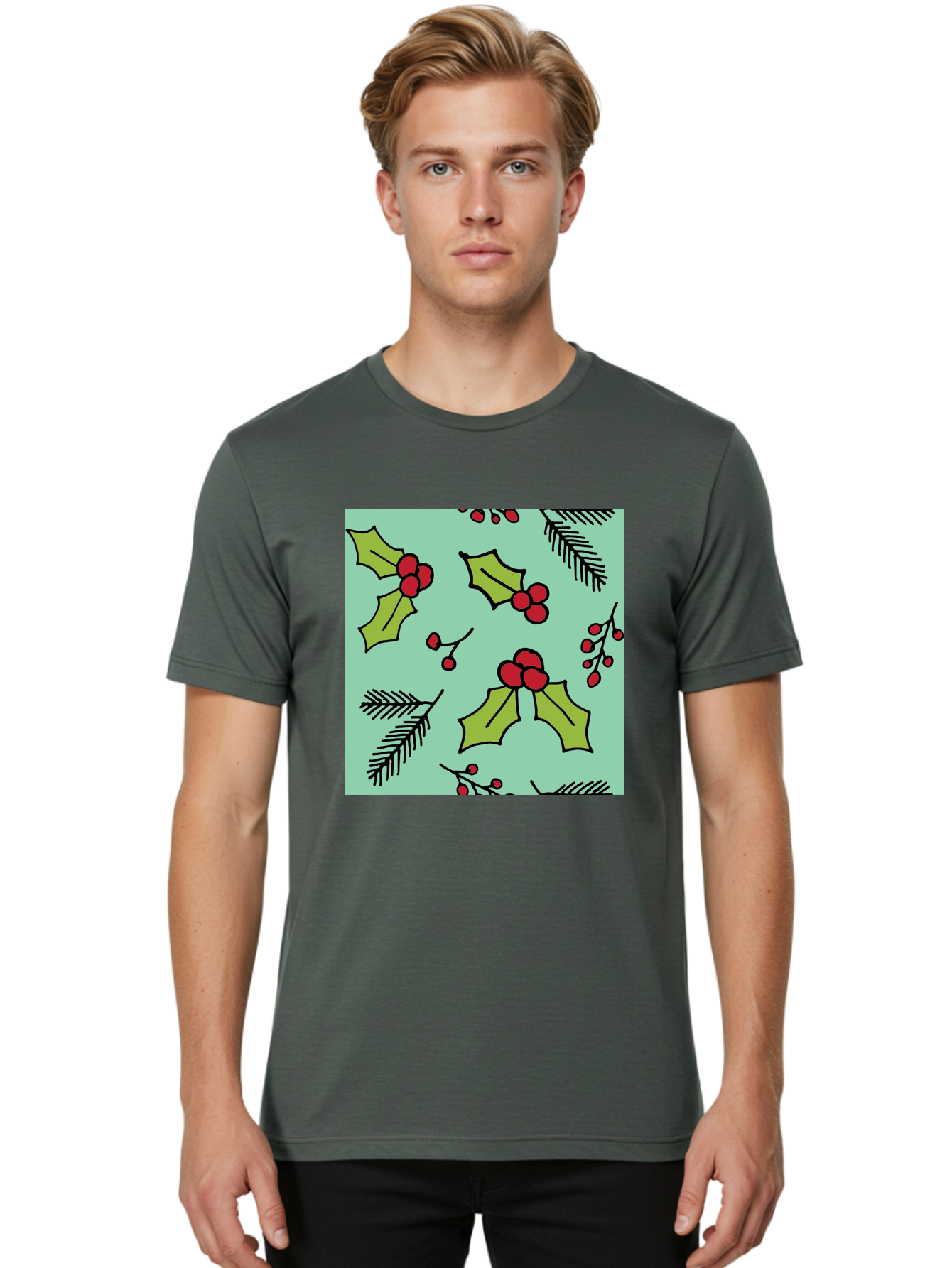 Holly-Pattern Men'S Graphic Tee, 100% Cotton, Comfortable Casual Summer Wear, Machine Washable, Holly Leaves, Red Berries, Festive Pattern, Christmas Decor, Winter Theme, Seasonal Design, Holiday Illustration, Green Leaves, Black Outlines - Aaa937