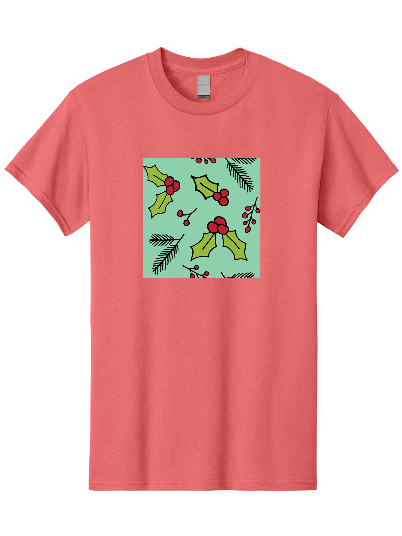 Holly-Pattern Men'S Graphic Tee, 100% Cotton, Comfortable Casual Summer Wear, Machine Washable, Holly Leaves, Red Berries, Festive Pattern, Christmas Decor, Winter Theme, Seasonal Design, Holiday Illustration, Green Leaves, Black Outlines - Aaa937