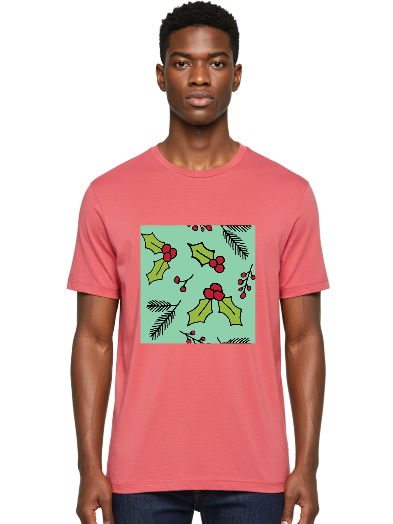 Holly-Pattern Men'S Graphic Tee, 100% Cotton, Comfortable Casual Summer Wear, Machine Washable, Holly Leaves, Red Berries, Festive Pattern, Christmas Decor, Winter Theme, Seasonal Design, Holiday Illustration, Green Leaves, Black Outlines - Aaa937