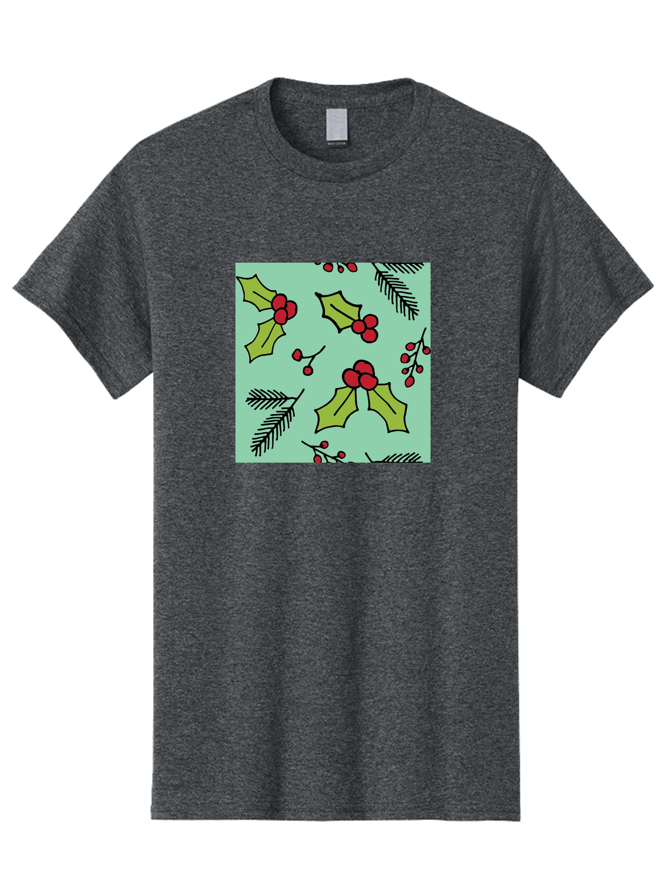Holly-Pattern Men'S Graphic Tee, 100% Cotton, Comfortable Casual Summer Wear, Machine Washable, Holly Leaves, Red Berries, Festive Pattern, Christmas Decor, Winter Theme, Seasonal Design, Holiday Illustration, Green Leaves, Black Outlines - Aaa937