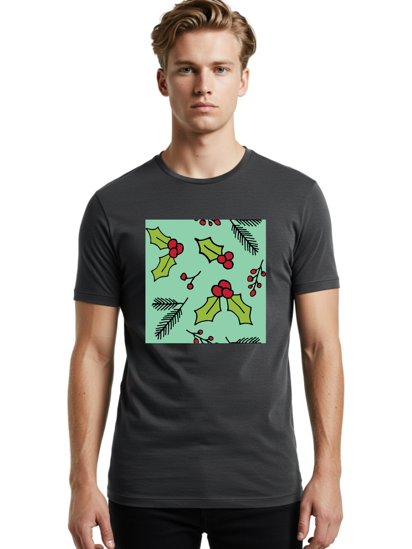 Holly-Pattern Men'S Graphic Tee, 100% Cotton, Comfortable Casual Summer Wear, Machine Washable, Holly Leaves, Red Berries, Festive Pattern, Christmas Decor, Winter Theme, Seasonal Design, Holiday Illustration, Green Leaves, Black Outlines - Aaa937