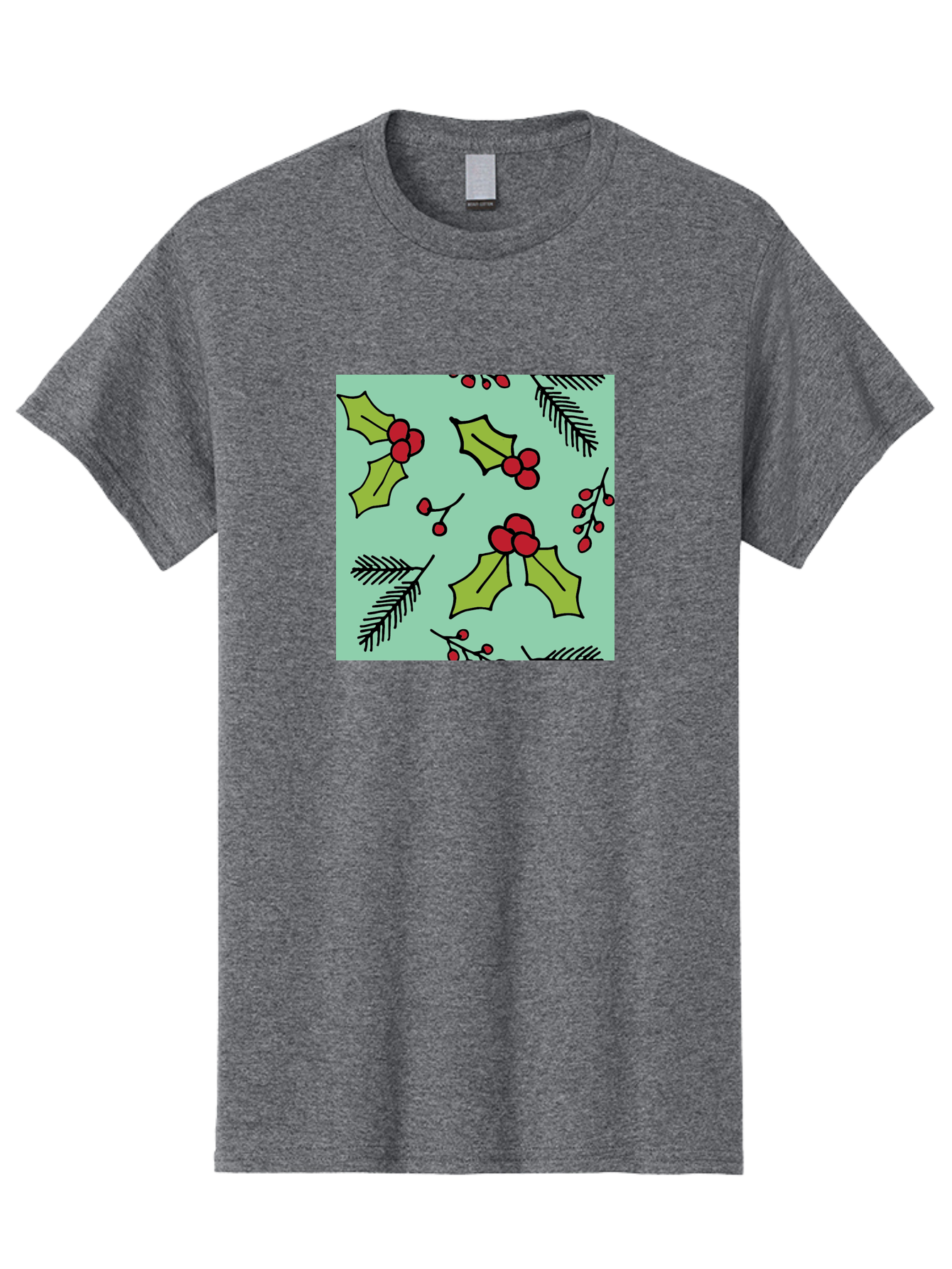 Holly-Pattern Men'S Graphic Tee, 100% Cotton, Comfortable Casual Summer Wear, Machine Washable, Holly Leaves, Red Berries, Festive Pattern, Christmas Decor, Winter Theme, Seasonal Design, Holiday Illustration, Green Leaves, Black Outlines - Aaa937