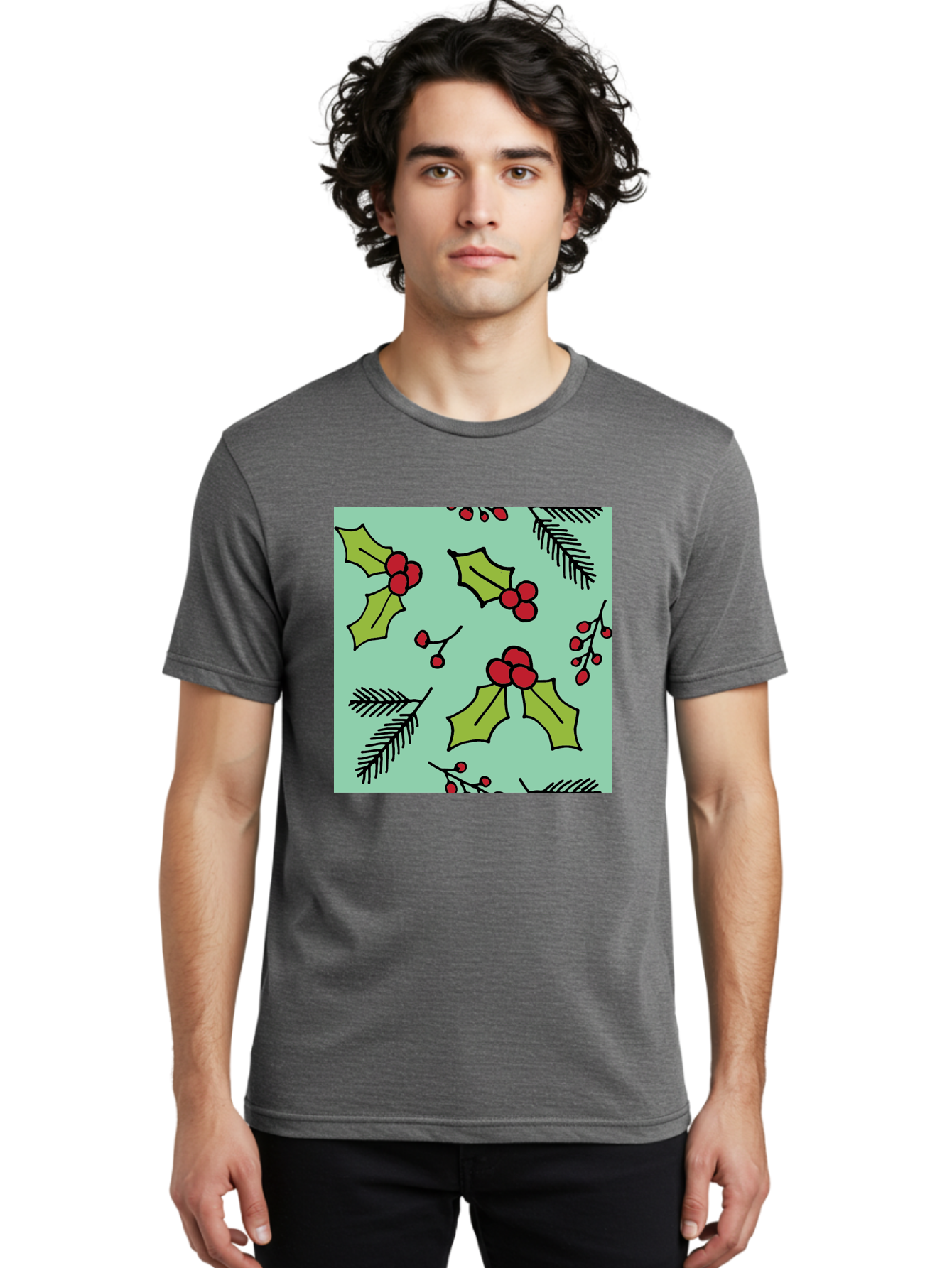 Holly-Pattern Men'S Graphic Tee, 100% Cotton, Comfortable Casual Summer Wear, Machine Washable, Holly Leaves, Red Berries, Festive Pattern, Christmas Decor, Winter Theme, Seasonal Design, Holiday Illustration, Green Leaves, Black Outlines - Aaa937