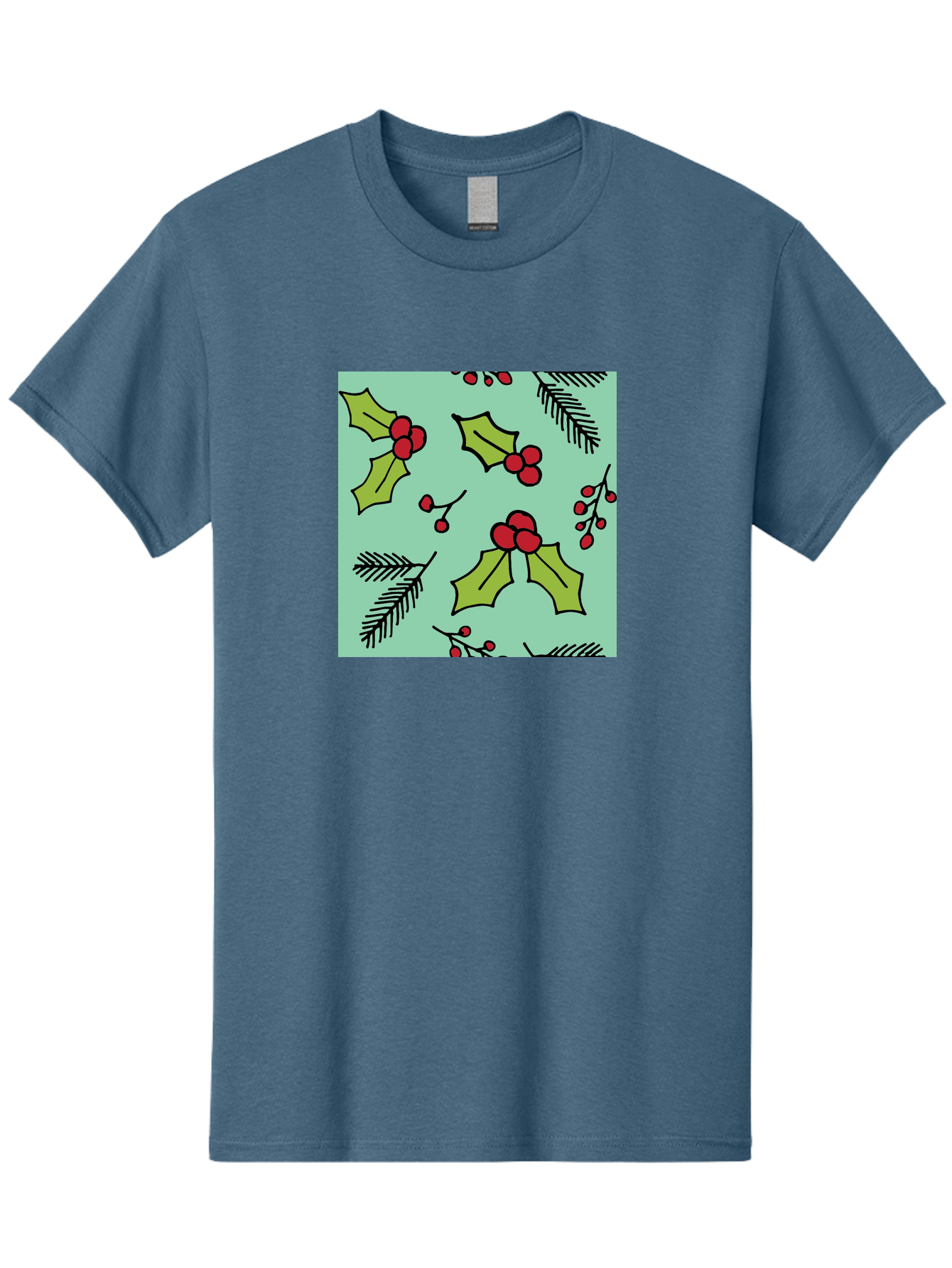 Holly-Pattern Men'S Graphic Tee, 100% Cotton, Comfortable Casual Summer Wear, Machine Washable, Holly Leaves, Red Berries, Festive Pattern, Christmas Decor, Winter Theme, Seasonal Design, Holiday Illustration, Green Leaves, Black Outlines - Aaa937