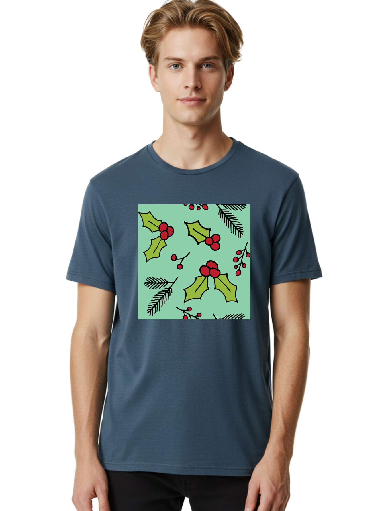 Holly-Pattern Men'S Graphic Tee, 100% Cotton, Comfortable Casual Summer Wear, Machine Washable, Holly Leaves, Red Berries, Festive Pattern, Christmas Decor, Winter Theme, Seasonal Design, Holiday Illustration, Green Leaves, Black Outlines - Aaa937