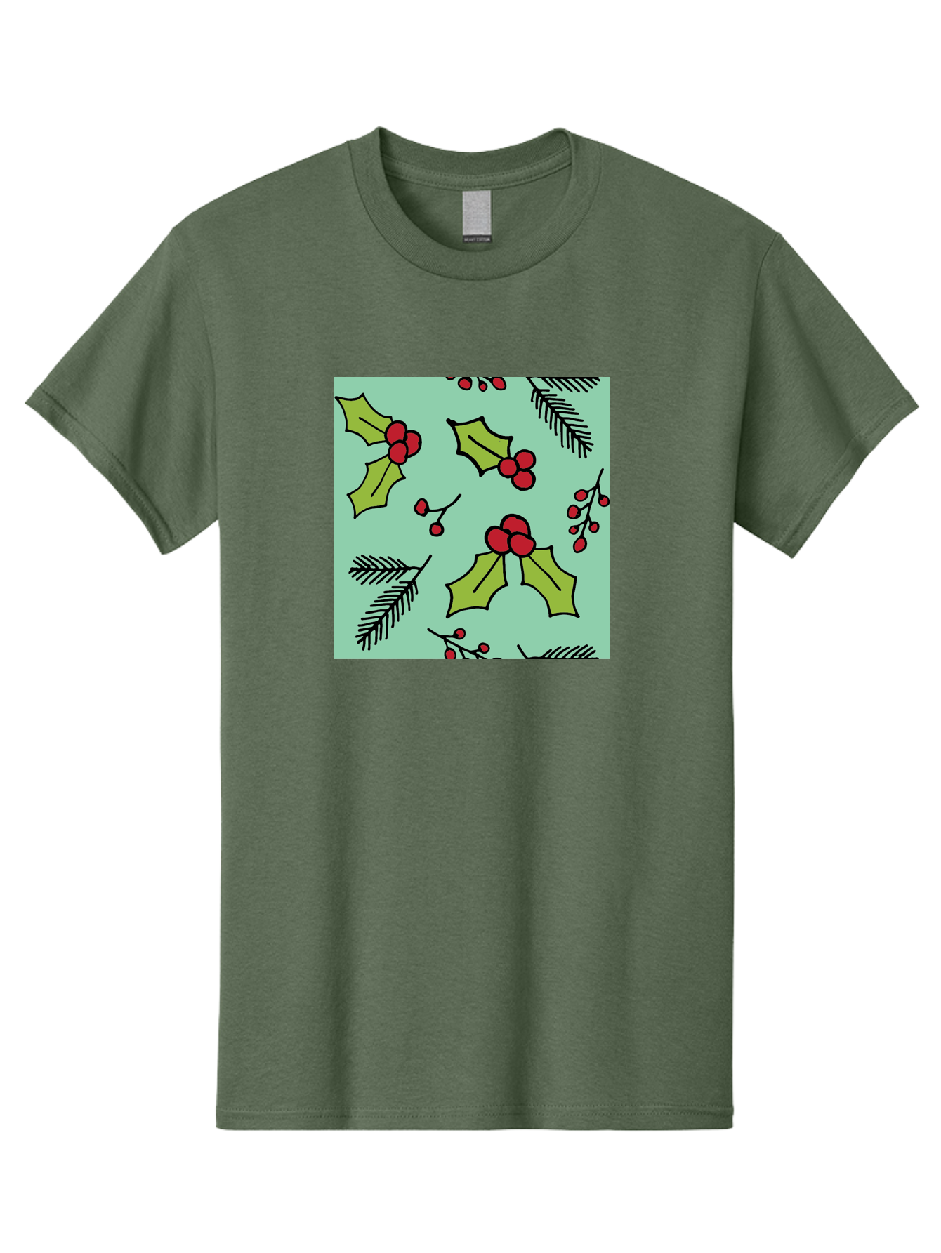 Holly-Pattern Men'S Graphic Tee, 100% Cotton, Comfortable Casual Summer Wear, Machine Washable, Holly Leaves, Red Berries, Festive Pattern, Christmas Decor, Winter Theme, Seasonal Design, Holiday Illustration, Green Leaves, Black Outlines - Aaa937