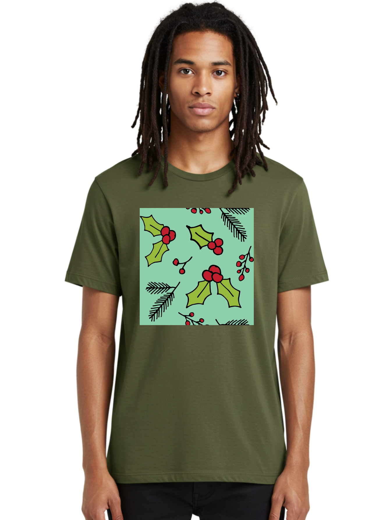 Holly-Pattern Men'S Graphic Tee, 100% Cotton, Comfortable Casual Summer Wear, Machine Washable, Holly Leaves, Red Berries, Festive Pattern, Christmas Decor, Winter Theme, Seasonal Design, Holiday Illustration, Green Leaves, Black Outlines - Aaa937