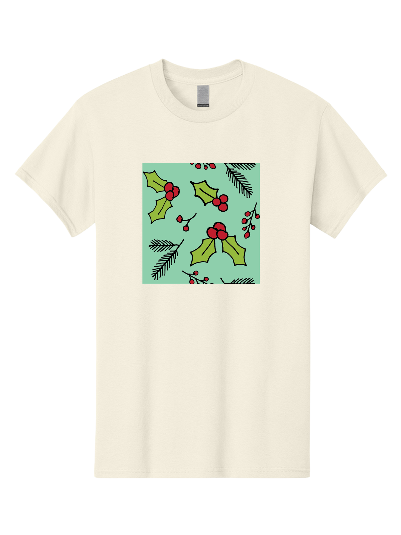Holly-Pattern Men'S Graphic Tee, 100% Cotton, Comfortable Casual Summer Wear, Machine Washable, Holly Leaves, Red Berries, Festive Pattern, Christmas Decor, Winter Theme, Seasonal Design, Holiday Illustration, Green Leaves, Black Outlines - Aaa937