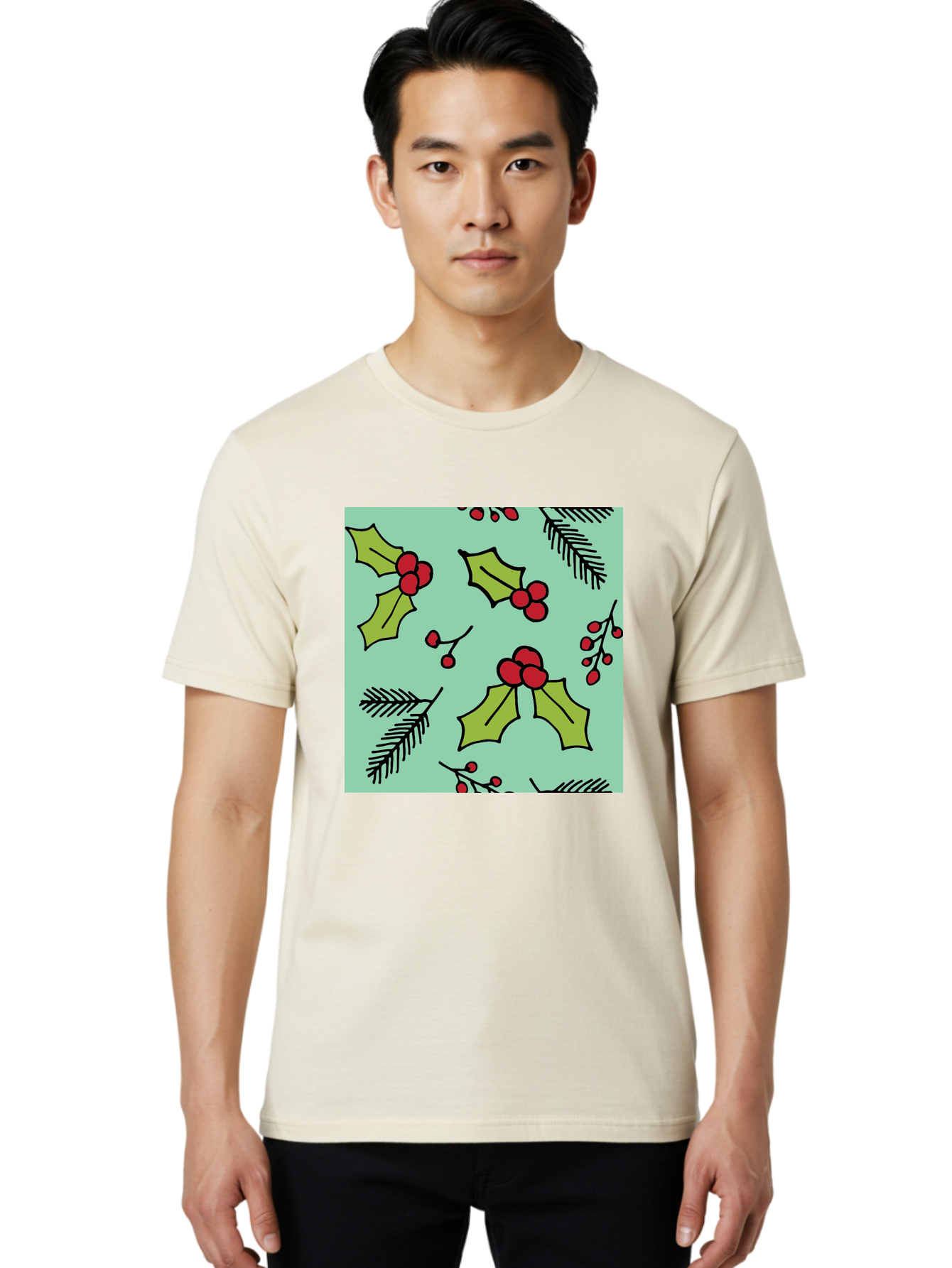 Holly-Pattern Men'S Graphic Tee, 100% Cotton, Comfortable Casual Summer Wear, Machine Washable, Holly Leaves, Red Berries, Festive Pattern, Christmas Decor, Winter Theme, Seasonal Design, Holiday Illustration, Green Leaves, Black Outlines - Aaa937