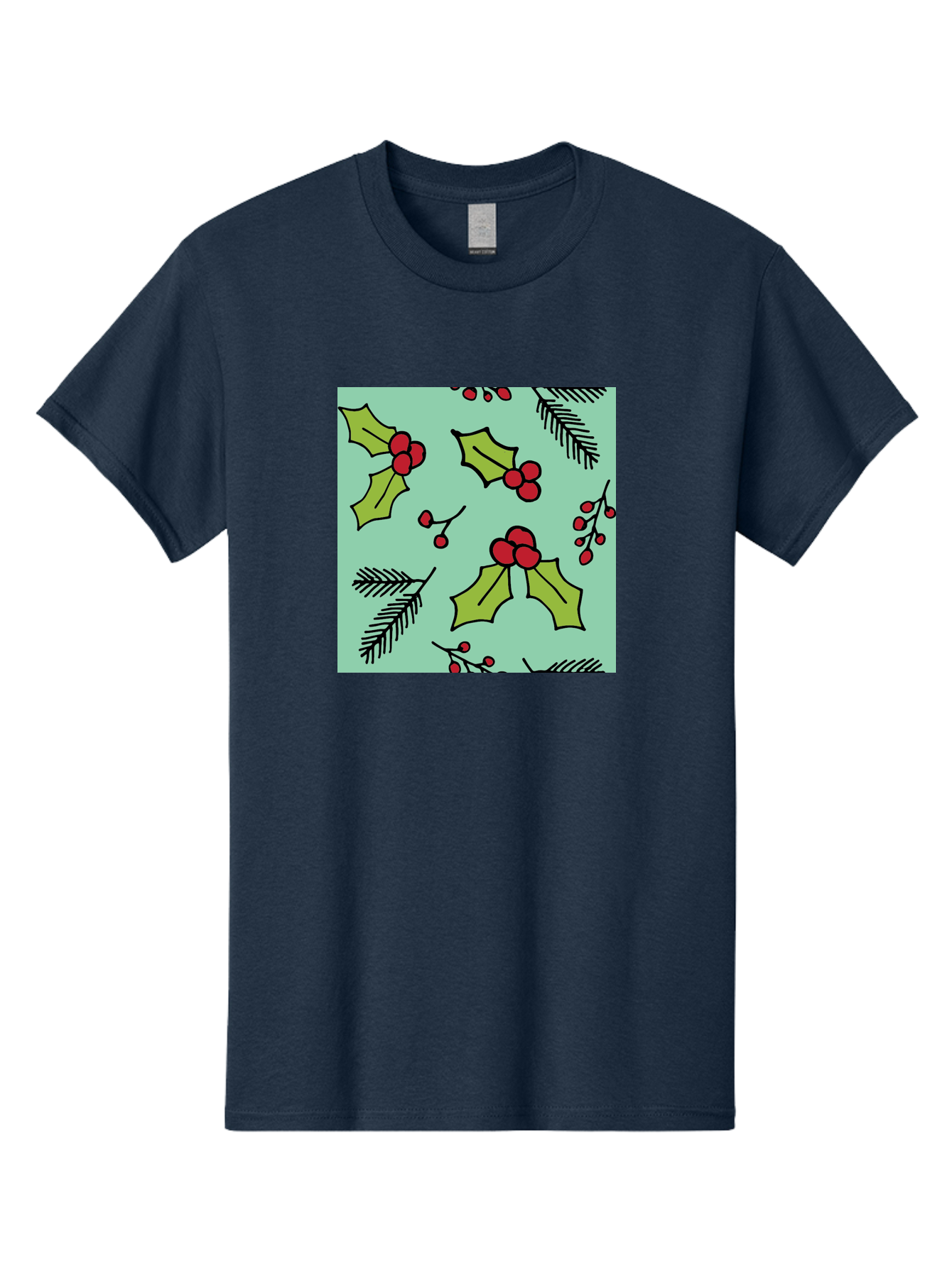 Holly-Pattern Men'S Graphic Tee, 100% Cotton, Comfortable Casual Summer Wear, Machine Washable, Holly Leaves, Red Berries, Festive Pattern, Christmas Decor, Winter Theme, Seasonal Design, Holiday Illustration, Green Leaves, Black Outlines - Aaa937