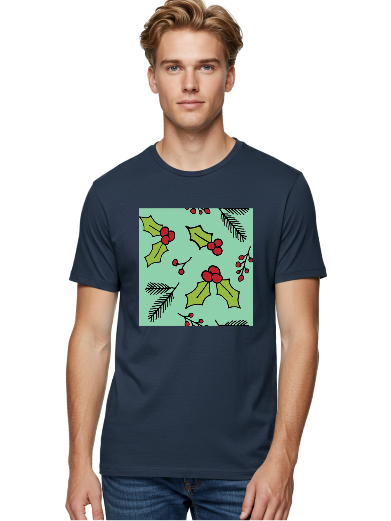 Holly-Pattern Men'S Graphic Tee, 100% Cotton, Comfortable Casual Summer Wear, Machine Washable, Holly Leaves, Red Berries, Festive Pattern, Christmas Decor, Winter Theme, Seasonal Design, Holiday Illustration, Green Leaves, Black Outlines - Aaa937