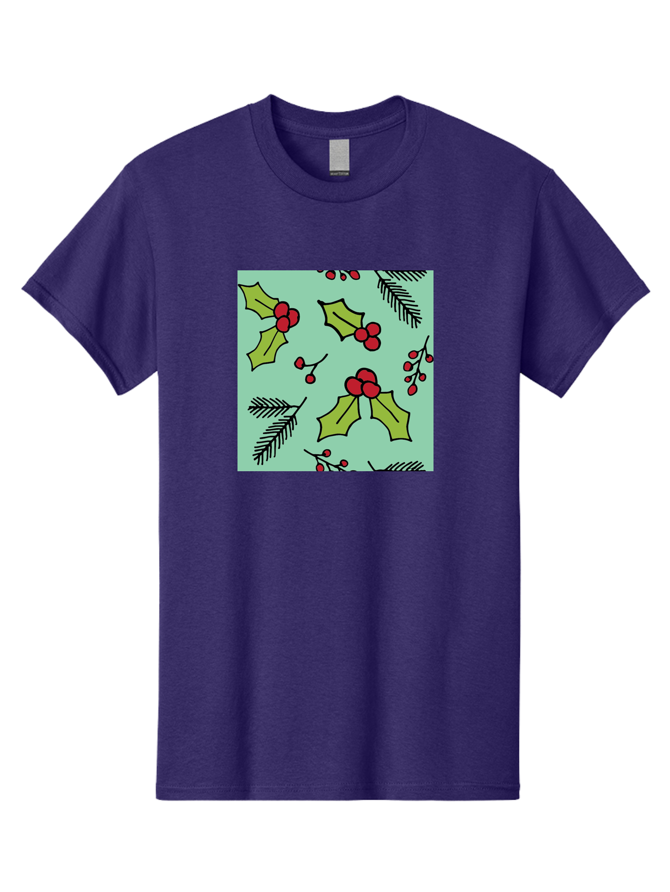 Holly-Pattern Men'S Graphic Tee, 100% Cotton, Comfortable Casual Summer Wear, Machine Washable, Holly Leaves, Red Berries, Festive Pattern, Christmas Decor, Winter Theme, Seasonal Design, Holiday Illustration, Green Leaves, Black Outlines - Aaa937