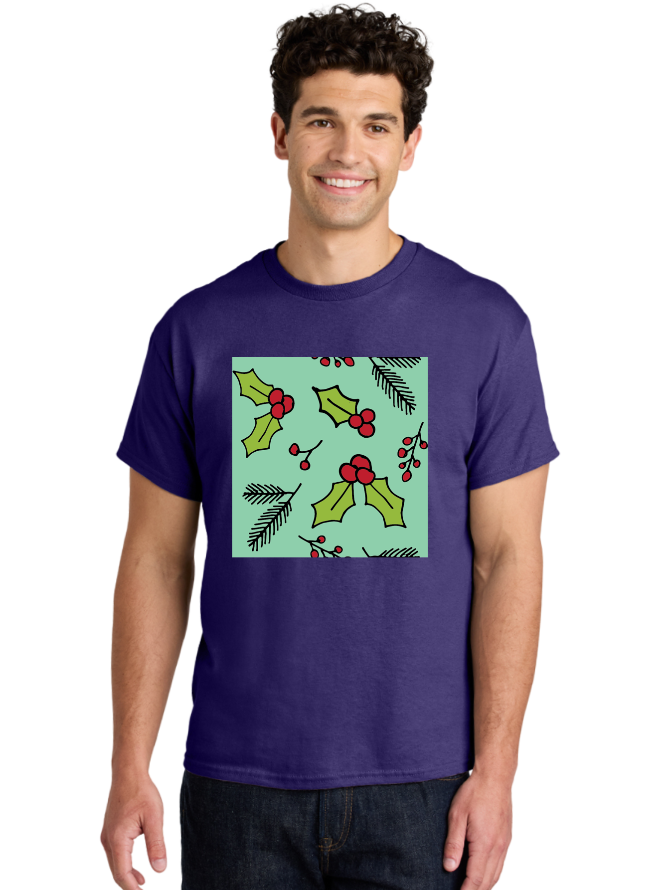 Holly-Pattern Men'S Graphic Tee, 100% Cotton, Comfortable Casual Summer Wear, Machine Washable, Holly Leaves, Red Berries, Festive Pattern, Christmas Decor, Winter Theme, Seasonal Design, Holiday Illustration, Green Leaves, Black Outlines - Aaa937