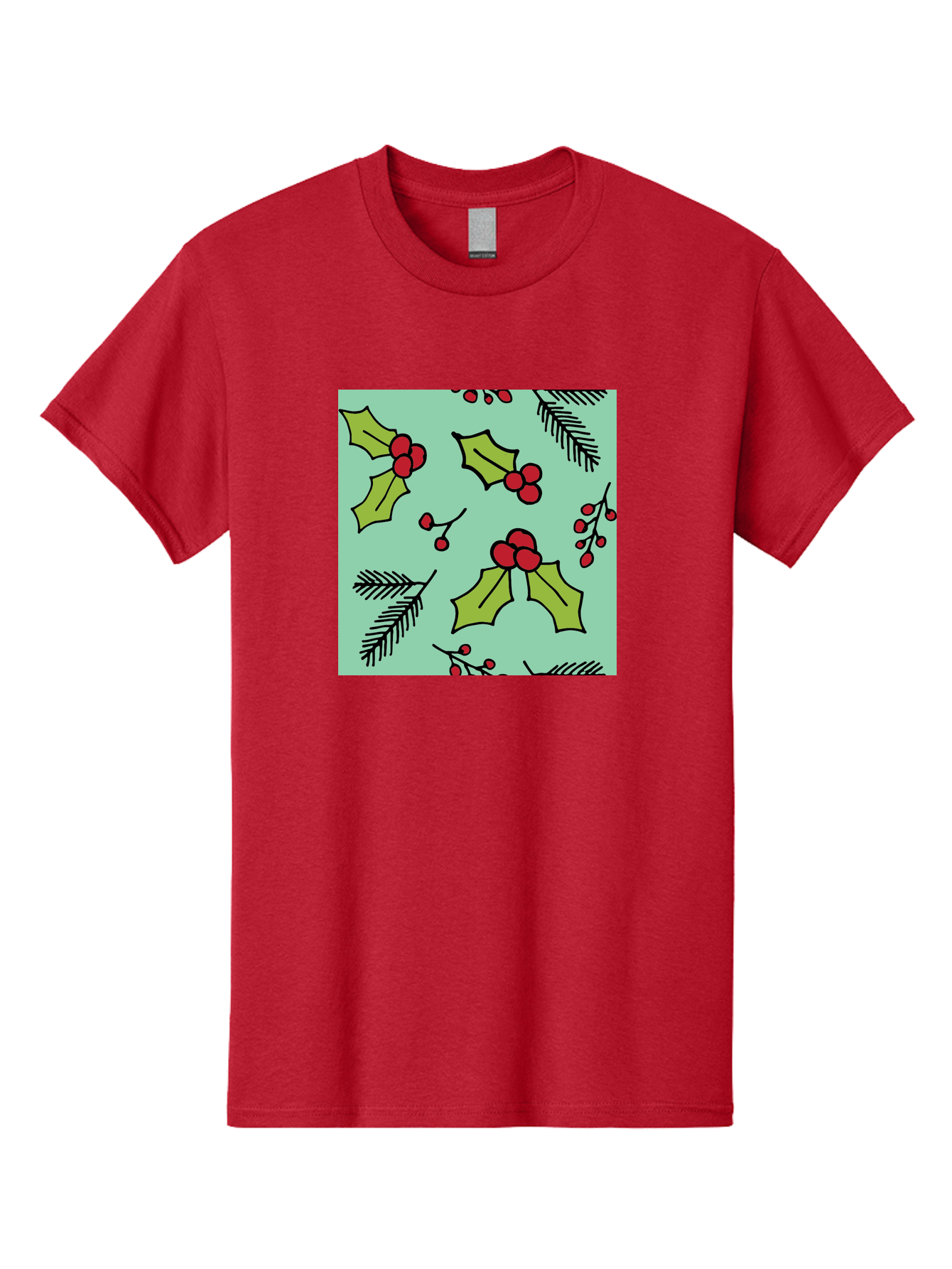 Holly-Pattern Men'S Graphic Tee, 100% Cotton, Comfortable Casual Summer Wear, Machine Washable, Holly Leaves, Red Berries, Festive Pattern, Christmas Decor, Winter Theme, Seasonal Design, Holiday Illustration, Green Leaves, Black Outlines - Aaa937