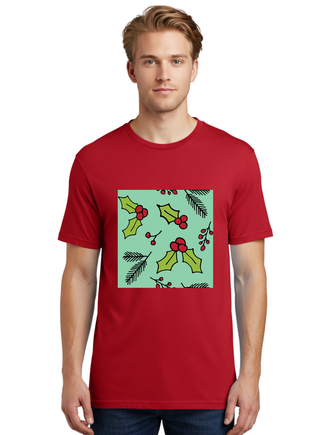 Holly-Pattern Men'S Graphic Tee, 100% Cotton, Comfortable Casual Summer Wear, Machine Washable, Holly Leaves, Red Berries, Festive Pattern, Christmas Decor, Winter Theme, Seasonal Design, Holiday Illustration, Green Leaves, Black Outlines - Aaa937