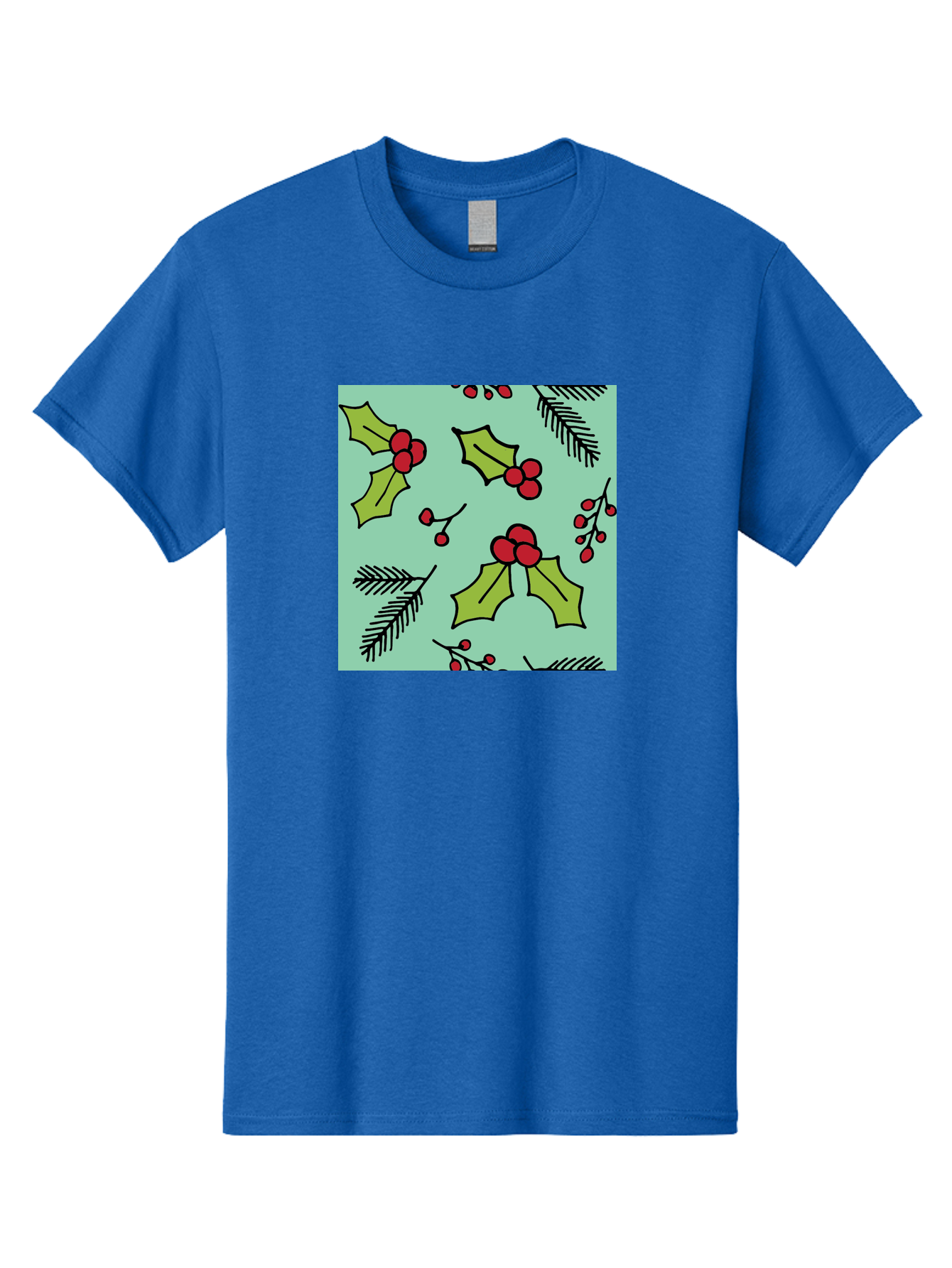 Holly-Pattern Men'S Graphic Tee, 100% Cotton, Comfortable Casual Summer Wear, Machine Washable, Holly Leaves, Red Berries, Festive Pattern, Christmas Decor, Winter Theme, Seasonal Design, Holiday Illustration, Green Leaves, Black Outlines - Aaa937