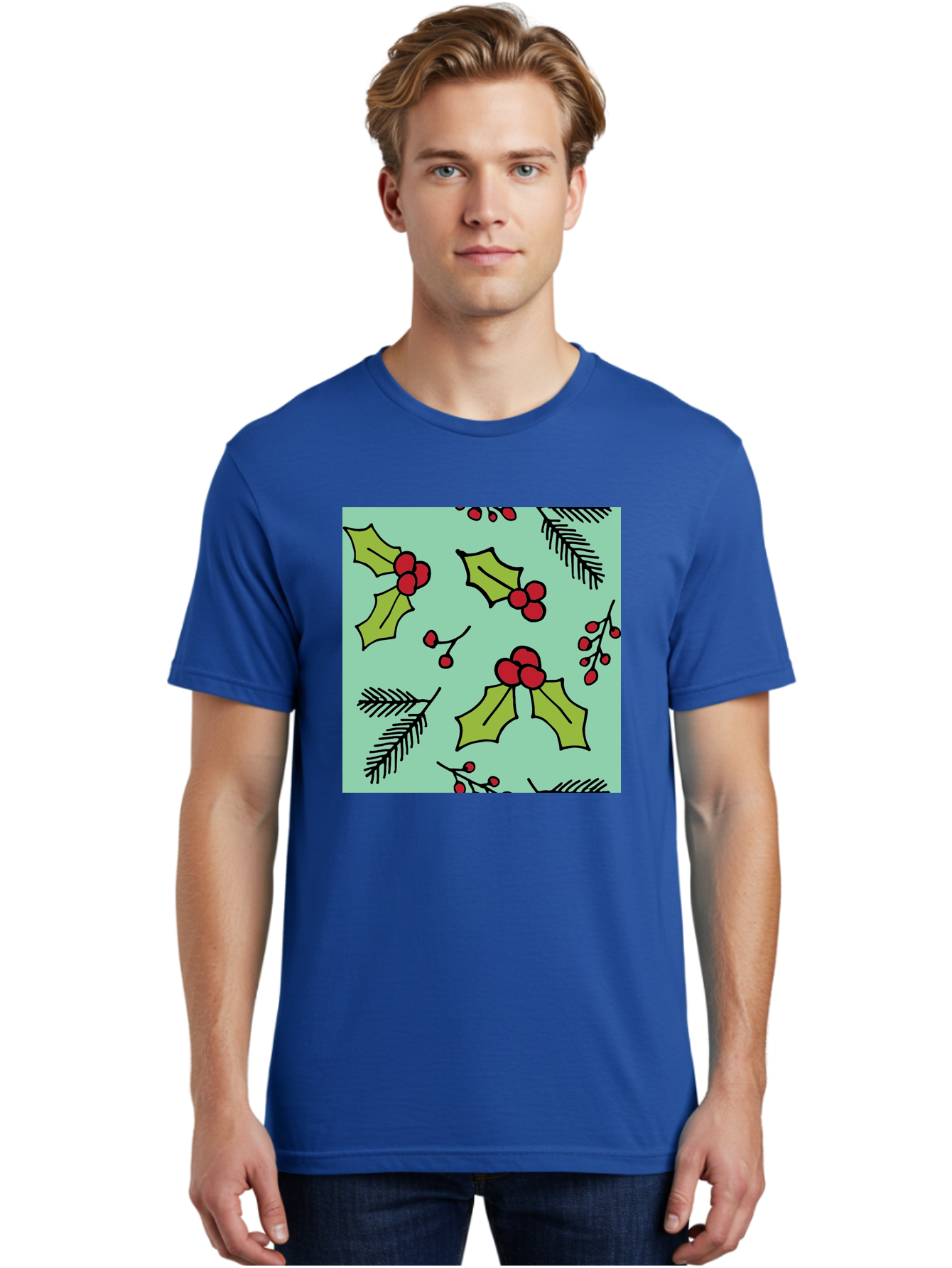 Holly-Pattern Men'S Graphic Tee, 100% Cotton, Comfortable Casual Summer Wear, Machine Washable, Holly Leaves, Red Berries, Festive Pattern, Christmas Decor, Winter Theme, Seasonal Design, Holiday Illustration, Green Leaves, Black Outlines - Aaa937