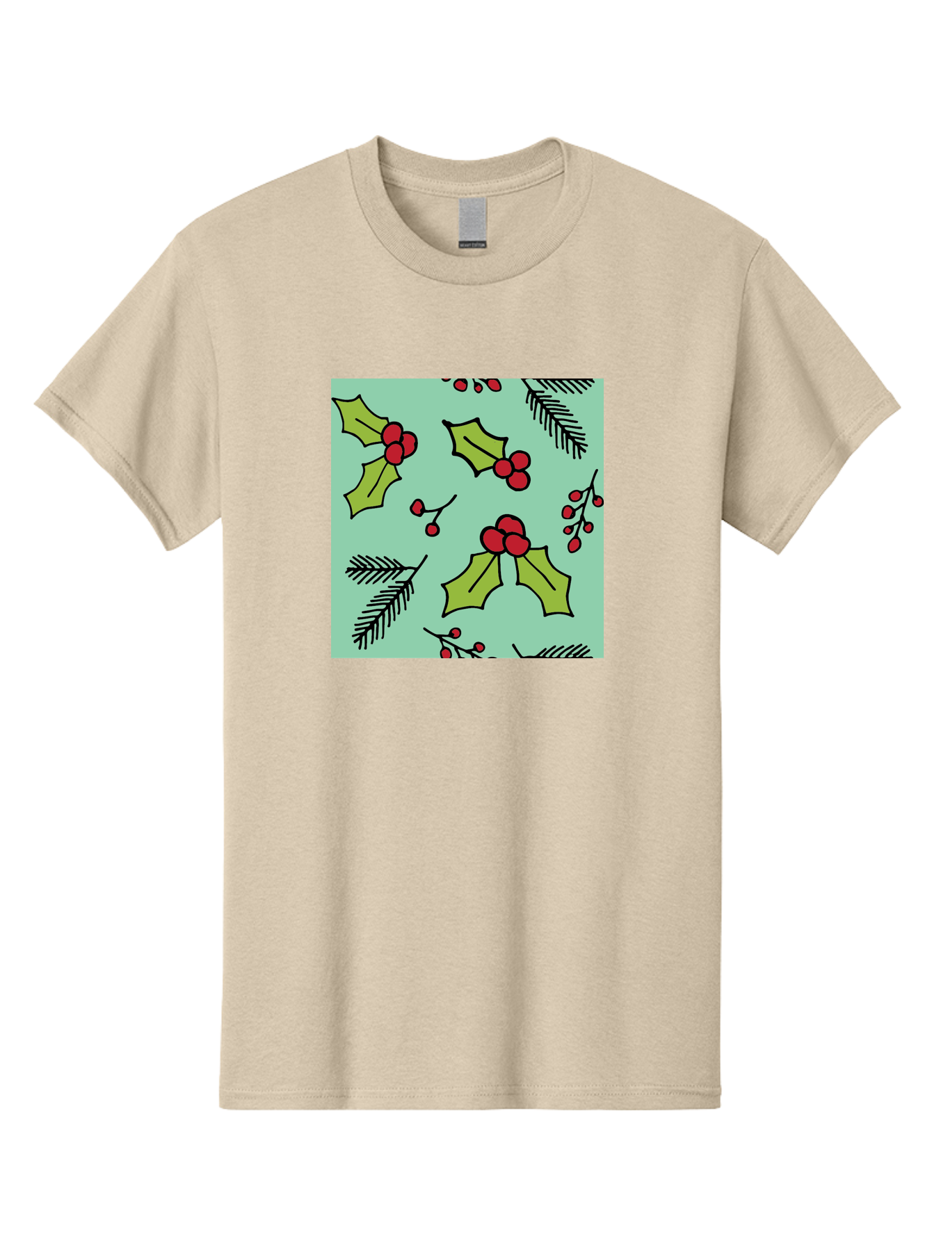 Holly-Pattern Men'S Graphic Tee, 100% Cotton, Comfortable Casual Summer Wear, Machine Washable, Holly Leaves, Red Berries, Festive Pattern, Christmas Decor, Winter Theme, Seasonal Design, Holiday Illustration, Green Leaves, Black Outlines - Aaa937
