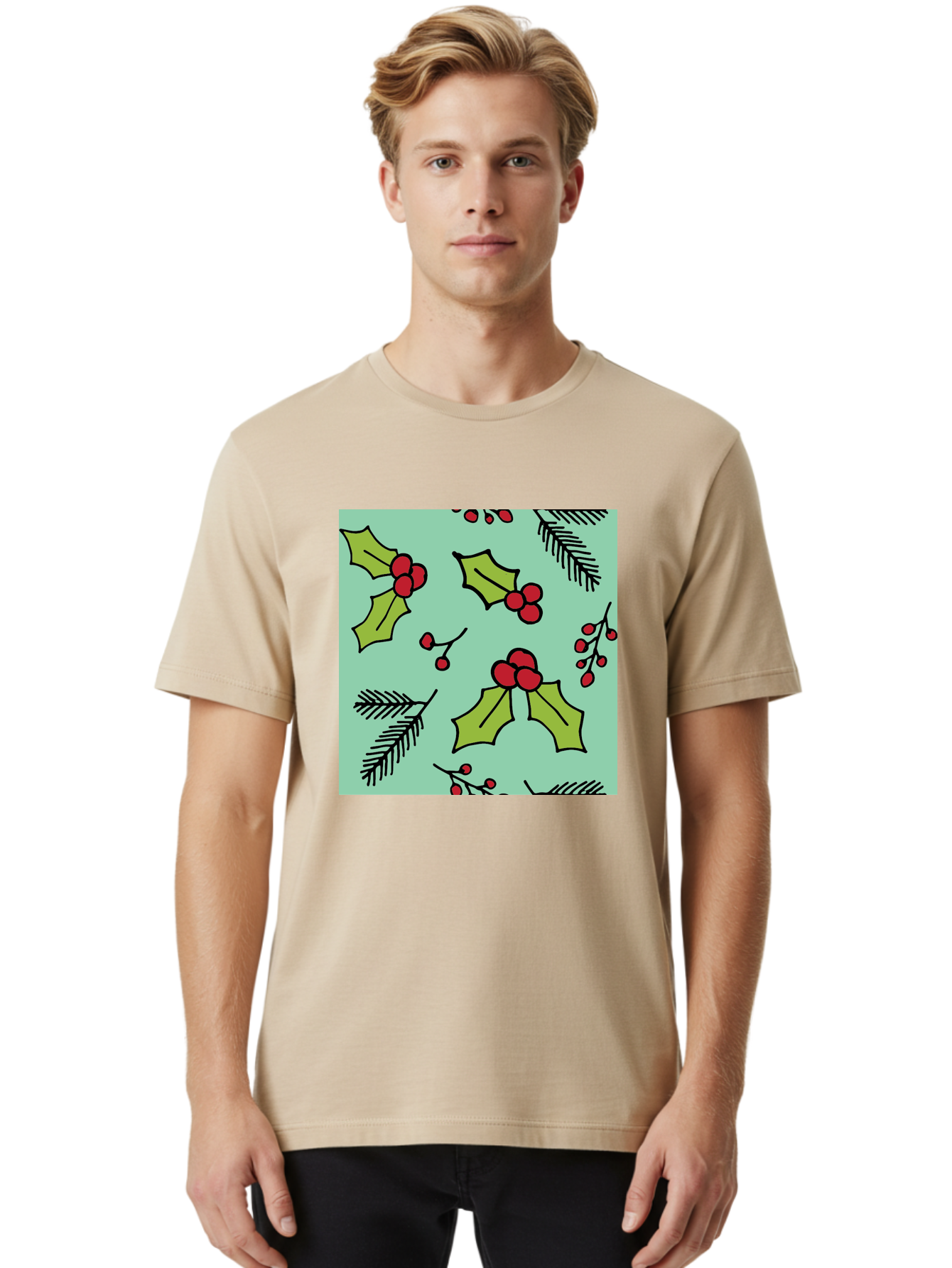 Holly-Pattern Men'S Graphic Tee, 100% Cotton, Comfortable Casual Summer Wear, Machine Washable, Holly Leaves, Red Berries, Festive Pattern, Christmas Decor, Winter Theme, Seasonal Design, Holiday Illustration, Green Leaves, Black Outlines - Aaa937