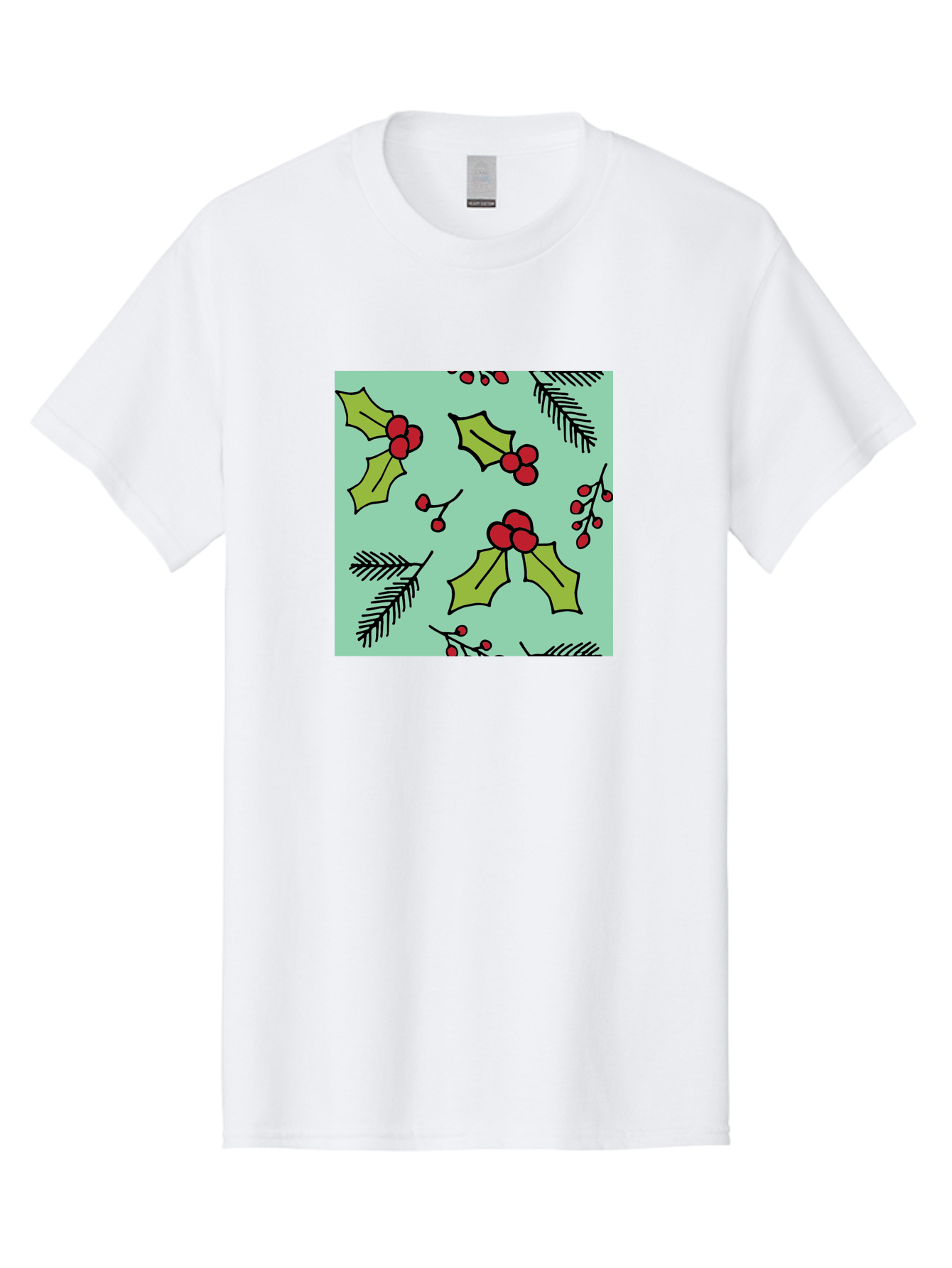 Holly-Pattern Men'S Graphic Tee, 100% Cotton, Comfortable Casual Summer Wear, Machine Washable, Holly Leaves, Red Berries, Festive Pattern, Christmas Decor, Winter Theme, Seasonal Design, Holiday Illustration, Green Leaves, Black Outlines - Aaa937