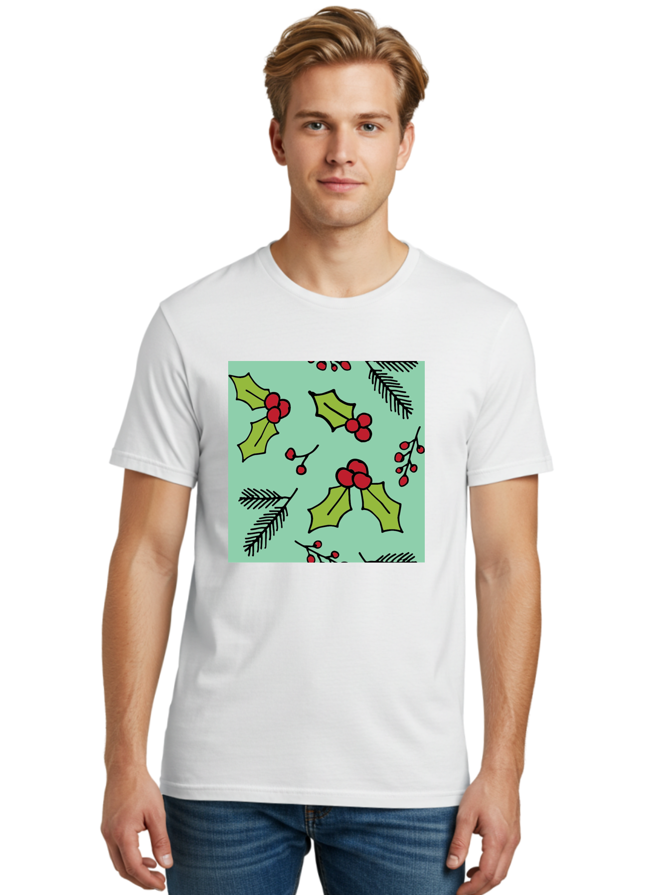 Holly-Pattern Men'S Graphic Tee, 100% Cotton, Comfortable Casual Summer Wear, Machine Washable, Holly Leaves, Red Berries, Festive Pattern, Christmas Decor, Winter Theme, Seasonal Design, Holiday Illustration, Green Leaves, Black Outlines - Aaa937