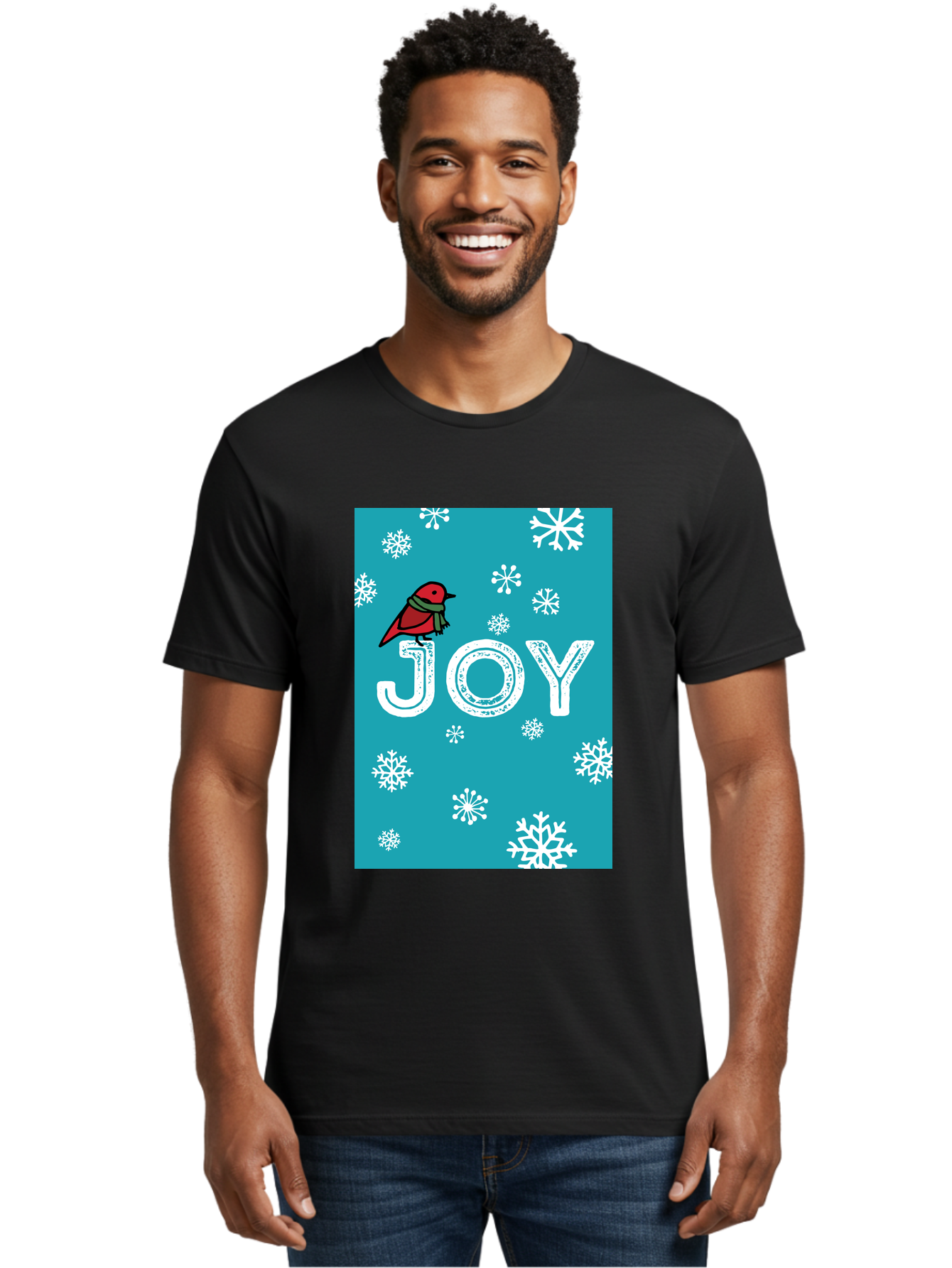 Joy Men'S Graphic Tee, 100% Cotton, Comfortable Casual Summer Wear, Machine Washable, Holiday Cheer, Red Bird, Scarf, Snowflakes, Winter Wonderland, Festive Design, Joyful Atmosphere, Christmas Vibe, Seasonal Greetings - Aaa955