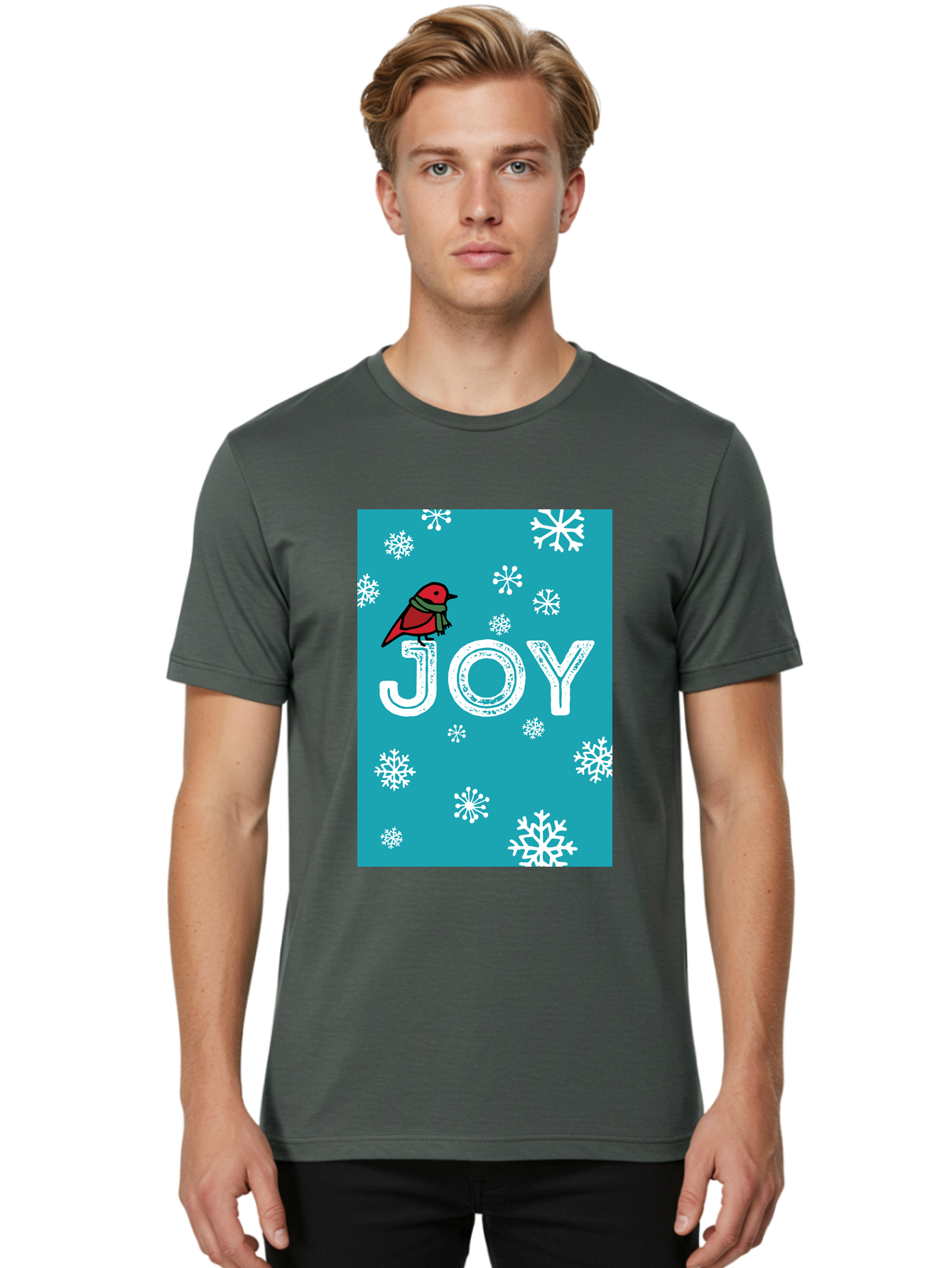 Joy Men'S Graphic Tee, 100% Cotton, Comfortable Casual Summer Wear, Machine Washable, Holiday Cheer, Red Bird, Scarf, Snowflakes, Winter Wonderland, Festive Design, Joyful Atmosphere, Christmas Vibe, Seasonal Greetings - Aaa955