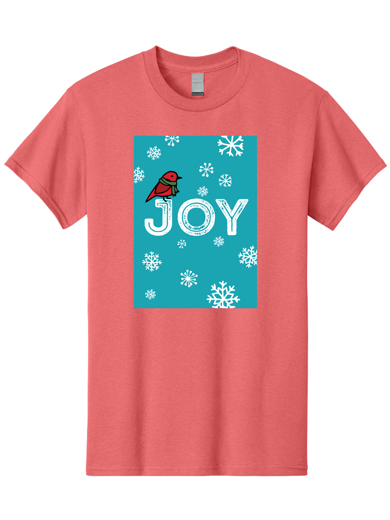 Joy Men'S Graphic Tee, 100% Cotton, Comfortable Casual Summer Wear, Machine Washable, Holiday Cheer, Red Bird, Scarf, Snowflakes, Winter Wonderland, Festive Design, Joyful Atmosphere, Christmas Vibe, Seasonal Greetings - Aaa955