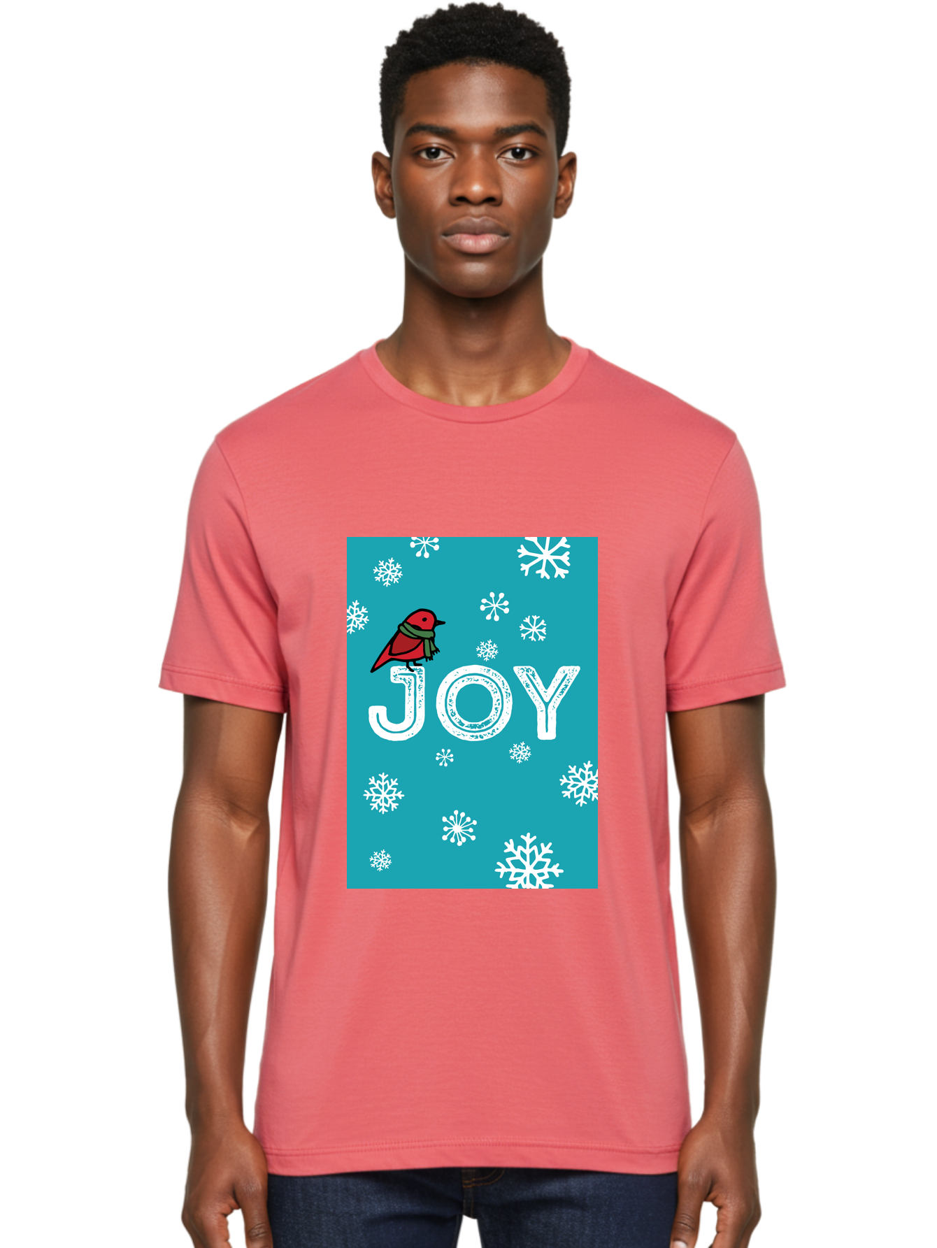 Joy Men'S Graphic Tee, 100% Cotton, Comfortable Casual Summer Wear, Machine Washable, Holiday Cheer, Red Bird, Scarf, Snowflakes, Winter Wonderland, Festive Design, Joyful Atmosphere, Christmas Vibe, Seasonal Greetings - Aaa955