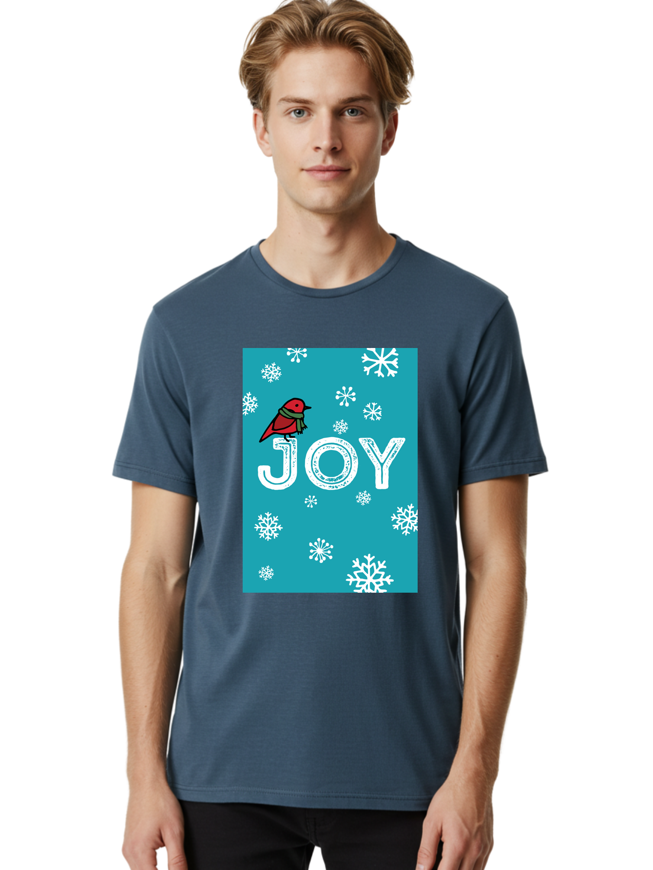 Joy Men'S Graphic Tee, 100% Cotton, Comfortable Casual Summer Wear, Machine Washable, Holiday Cheer, Red Bird, Scarf, Snowflakes, Winter Wonderland, Festive Design, Joyful Atmosphere, Christmas Vibe, Seasonal Greetings - Aaa955