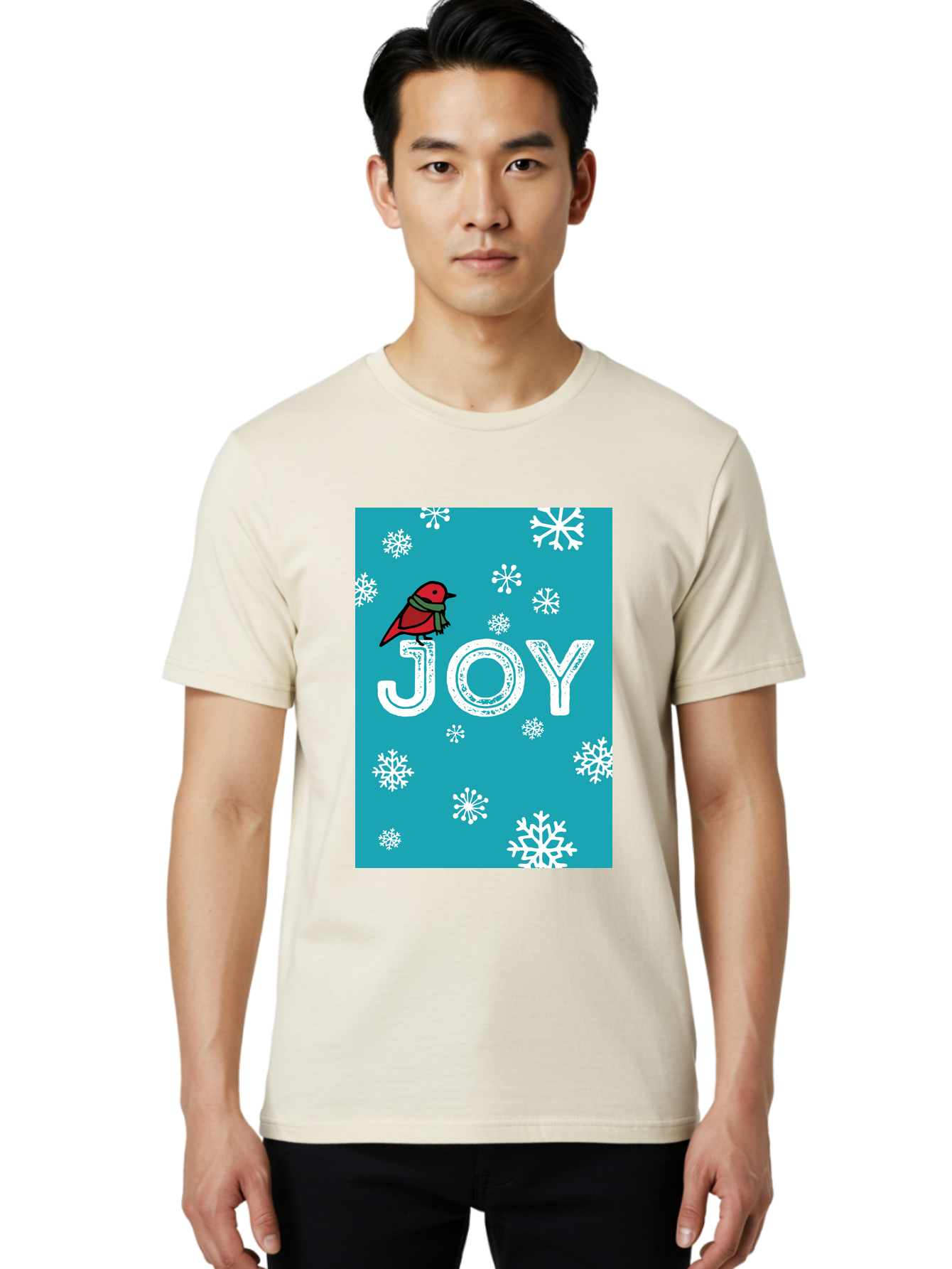 Joy Men'S Graphic Tee, 100% Cotton, Comfortable Casual Summer Wear, Machine Washable, Holiday Cheer, Red Bird, Scarf, Snowflakes, Winter Wonderland, Festive Design, Joyful Atmosphere, Christmas Vibe, Seasonal Greetings - Aaa955