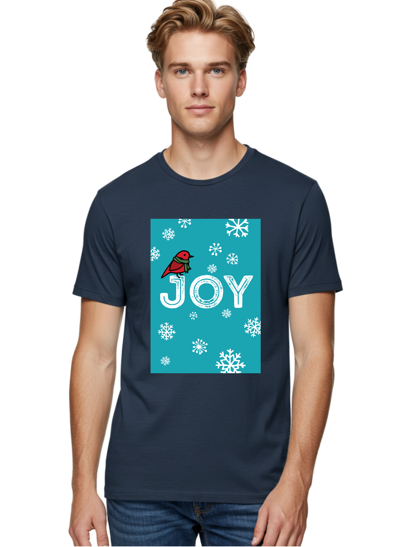 Joy Men'S Graphic Tee, 100% Cotton, Comfortable Casual Summer Wear, Machine Washable, Holiday Cheer, Red Bird, Scarf, Snowflakes, Winter Wonderland, Festive Design, Joyful Atmosphere, Christmas Vibe, Seasonal Greetings - Aaa955