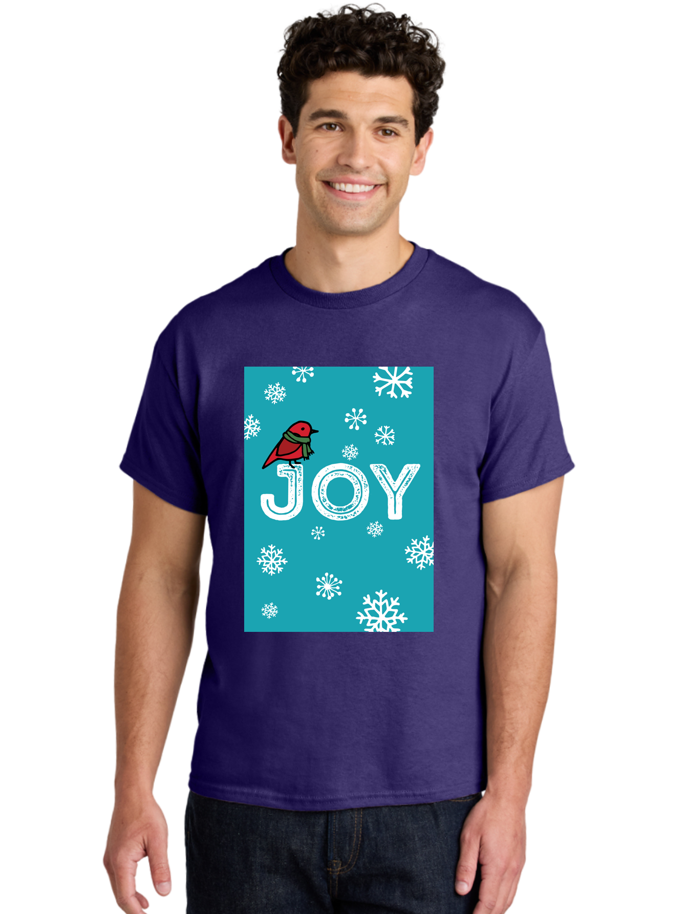 Joy Men'S Graphic Tee, 100% Cotton, Comfortable Casual Summer Wear, Machine Washable, Holiday Cheer, Red Bird, Scarf, Snowflakes, Winter Wonderland, Festive Design, Joyful Atmosphere, Christmas Vibe, Seasonal Greetings - Aaa955