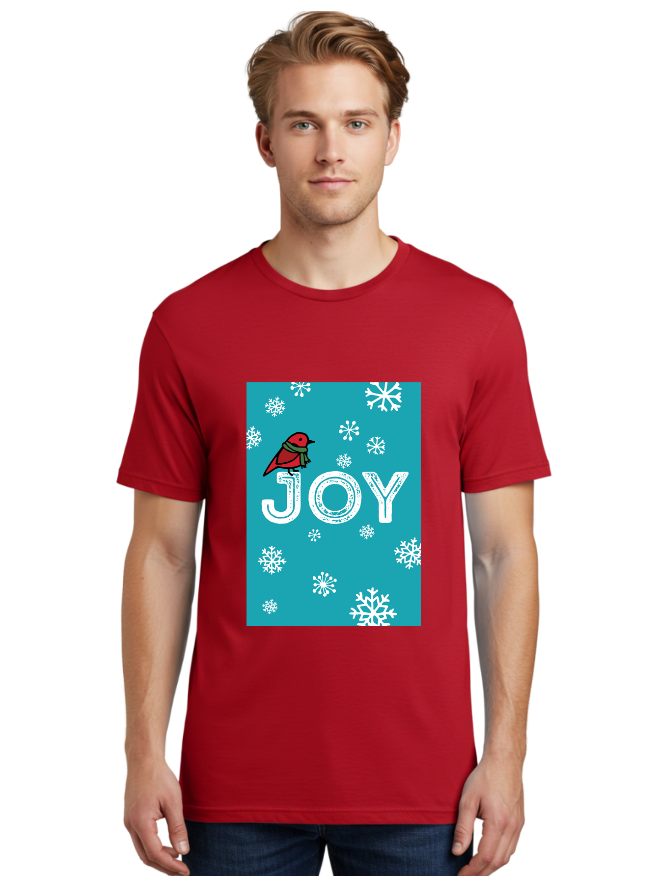 Joy Men'S Graphic Tee, 100% Cotton, Comfortable Casual Summer Wear, Machine Washable, Holiday Cheer, Red Bird, Scarf, Snowflakes, Winter Wonderland, Festive Design, Joyful Atmosphere, Christmas Vibe, Seasonal Greetings - Aaa955