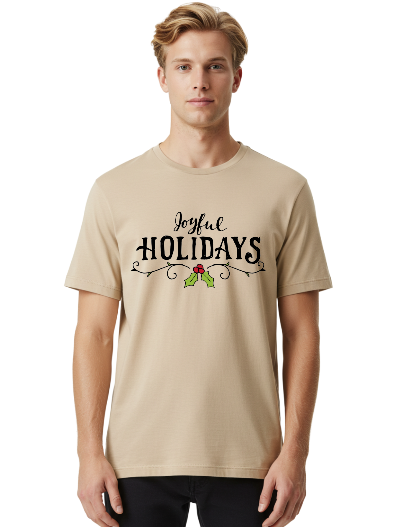 Joyful-Holidays-1 Men'S Graphic Tee, 100% Cotton, Comfortable Casual Summer Wear, Machine Washable, Holiday Wishes, Festive Greeting, Joyful Holidays, Holly Decoration, Red Berries, Vintage Style, Winter Season, Holiday Cheer - Aaa956