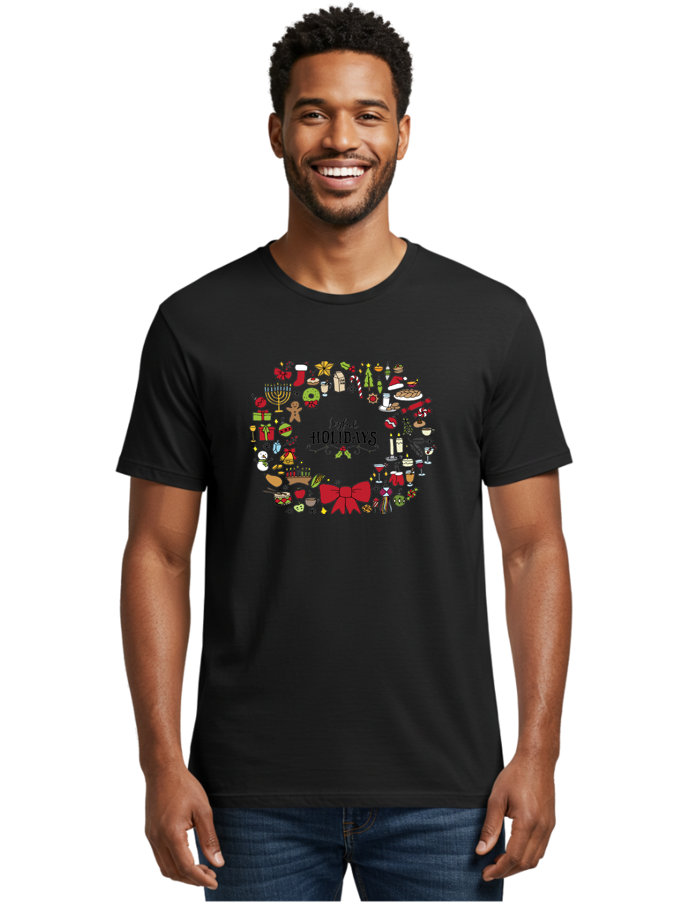 Joyful-Holidays Men'S Graphic Tee, 100% Cotton, Comfortable Casual Summer Wear, Machine Washable, Christmas Wreath, Holiday Decorations, Festive Icons, Joyful Holidays, Christmas Gifts, Holiday Treats, Menorah, Christmas Stocking, - Aaa957