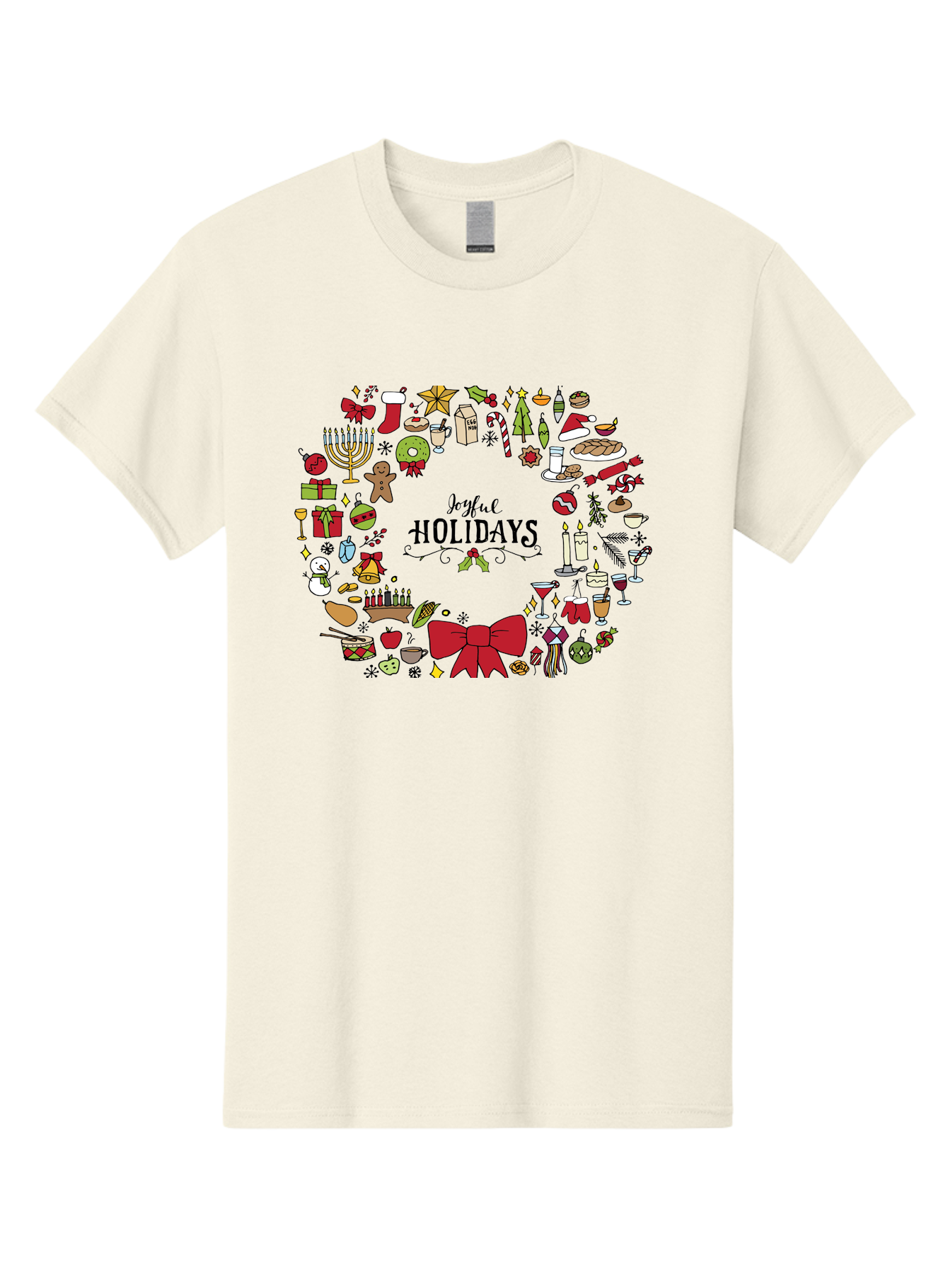 Joyful-Holidays Men'S Graphic Tee, 100% Cotton, Comfortable Casual Summer Wear, Machine Washable, Christmas Wreath, Holiday Decorations, Festive Icons, Joyful Holidays, Christmas Gifts, Holiday Treats, Menorah, Christmas Stocking, - Aaa957
