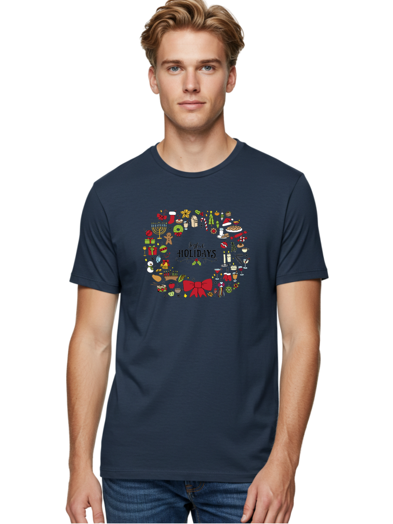 Joyful-Holidays Men'S Graphic Tee, 100% Cotton, Comfortable Casual Summer Wear, Machine Washable, Christmas Wreath, Holiday Decorations, Festive Icons, Joyful Holidays, Christmas Gifts, Holiday Treats, Menorah, Christmas Stocking, - Aaa957