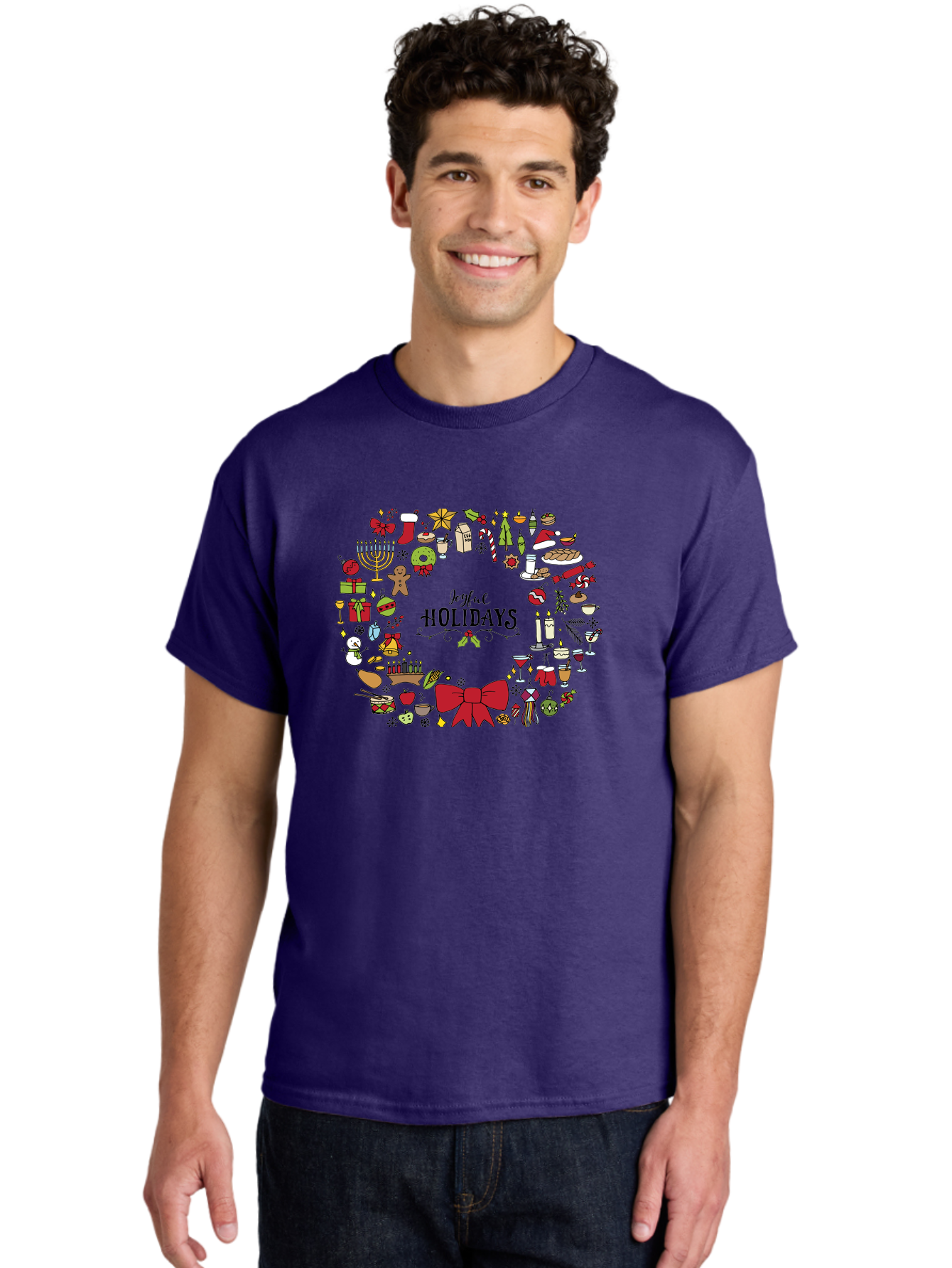 Joyful-Holidays Men'S Graphic Tee, 100% Cotton, Comfortable Casual Summer Wear, Machine Washable, Christmas Wreath, Holiday Decorations, Festive Icons, Joyful Holidays, Christmas Gifts, Holiday Treats, Menorah, Christmas Stocking, - Aaa957