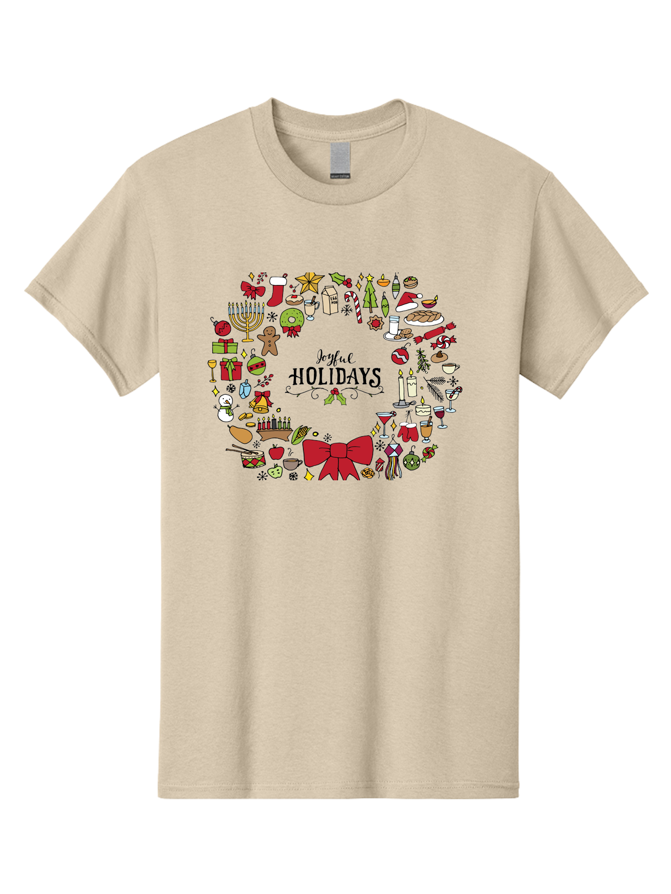 Joyful-Holidays Men'S Graphic Tee, 100% Cotton, Comfortable Casual Summer Wear, Machine Washable, Christmas Wreath, Holiday Decorations, Festive Icons, Joyful Holidays, Christmas Gifts, Holiday Treats, Menorah, Christmas Stocking, - Aaa957
