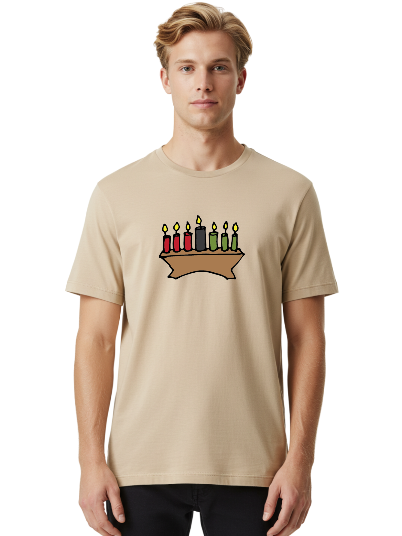 Kwanzaa-Kinara Men'S Graphic Tee, 100% Cotton, Comfortable Casual Summer Wear, Machine Washable, Kwanzaa Kinara With Seven Candles, Red, Black, Green Candles, Lit Flames, African Heritage, Cultural Celebration, Traditional Symbols, - Aaa958