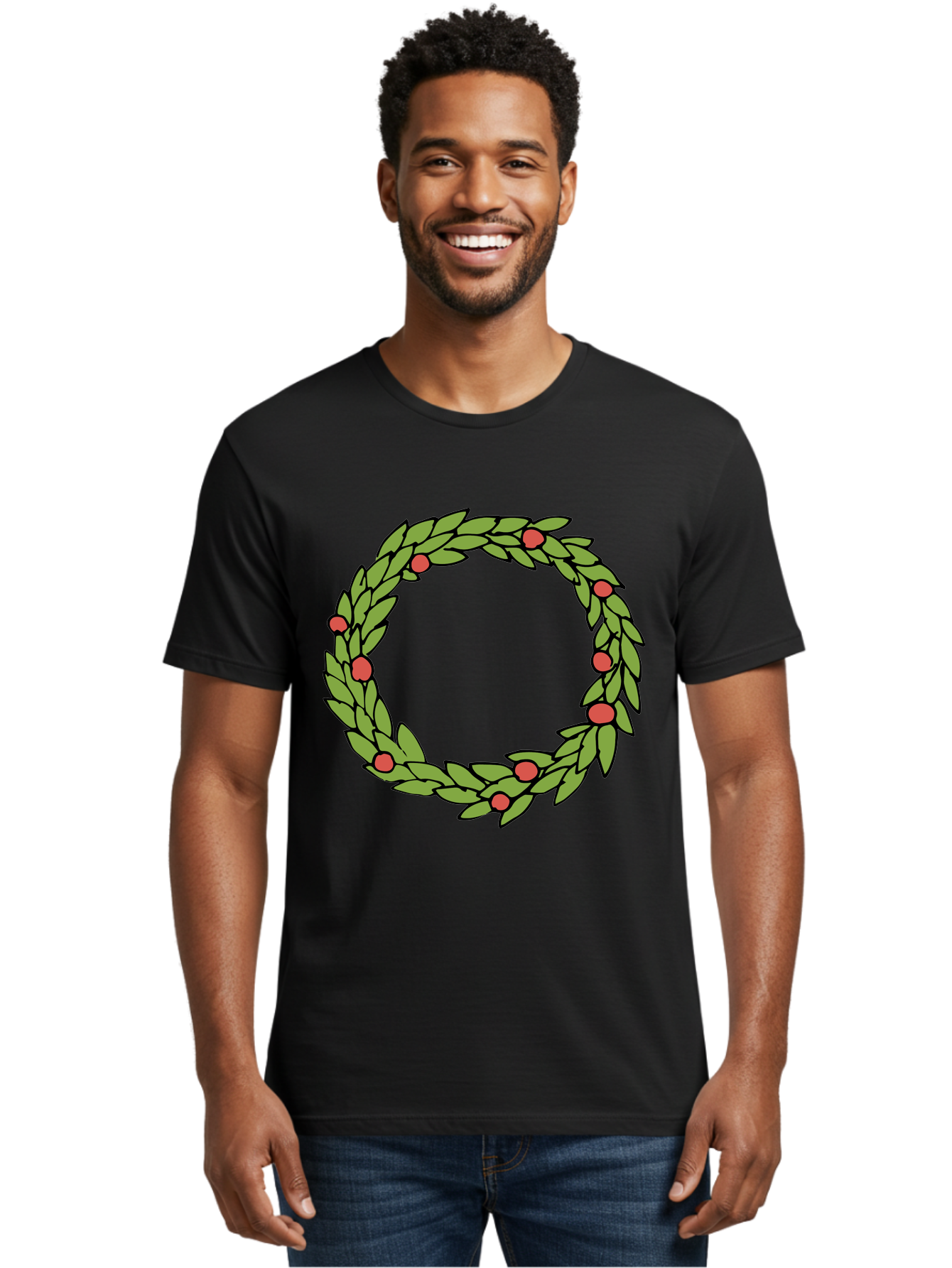 Laurel-Wreath Men'S Graphic Tee, 100% Cotton, Comfortable Casual Summer Wear, Machine Washable, Laurel Wreath, Green Leaves, Red Berries, Circular Design, Symbolic Motif, Traditional Emblem, Vintage Decoration, Classic Iconography, - Aaa960