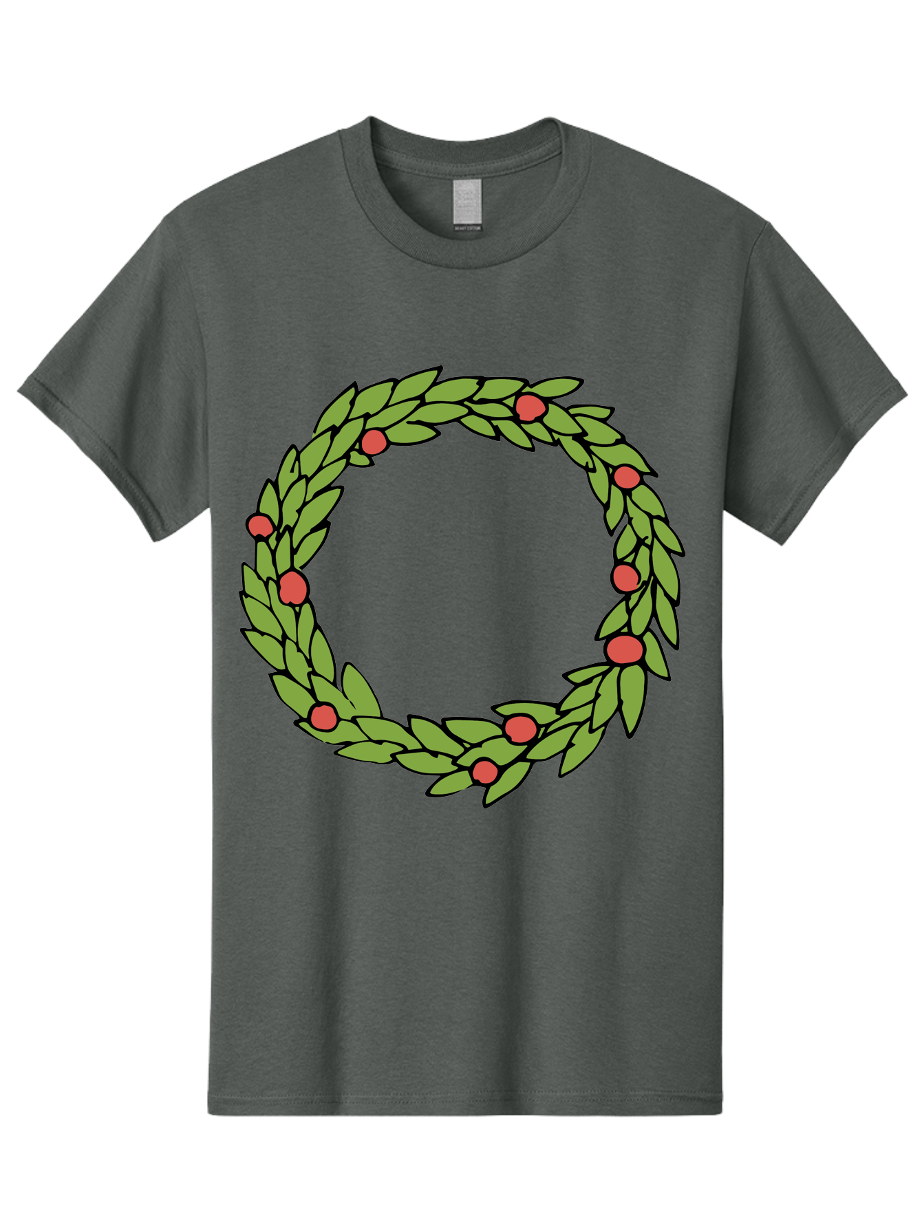 Laurel-Wreath Men'S Graphic Tee, 100% Cotton, Comfortable Casual Summer Wear, Machine Washable, Laurel Wreath, Green Leaves, Red Berries, Circular Design, Symbolic Motif, Traditional Emblem, Vintage Decoration, Classic Iconography, - Aaa960