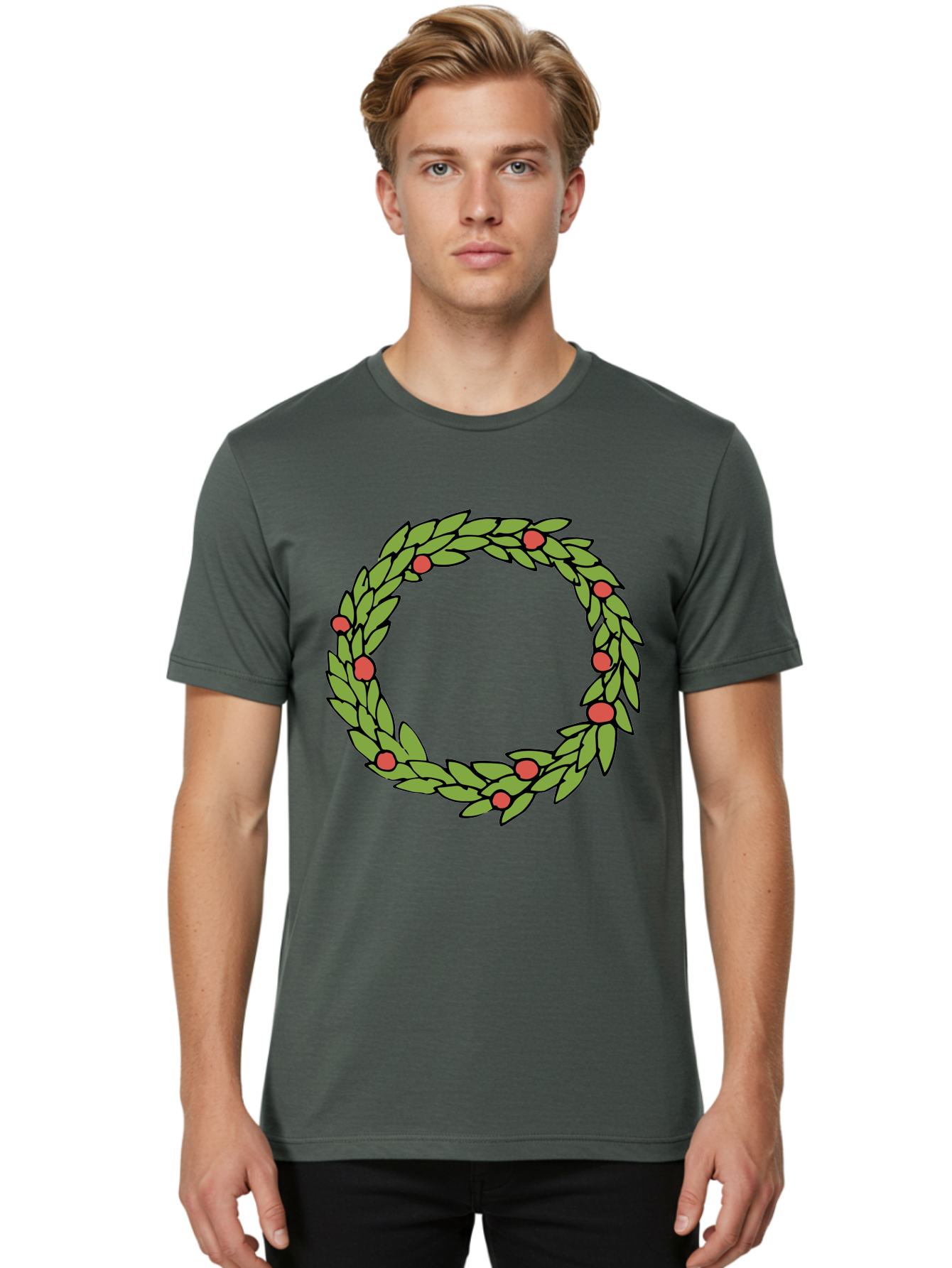 Laurel-Wreath Men'S Graphic Tee, 100% Cotton, Comfortable Casual Summer Wear, Machine Washable, Laurel Wreath, Green Leaves, Red Berries, Circular Design, Symbolic Motif, Traditional Emblem, Vintage Decoration, Classic Iconography, - Aaa960