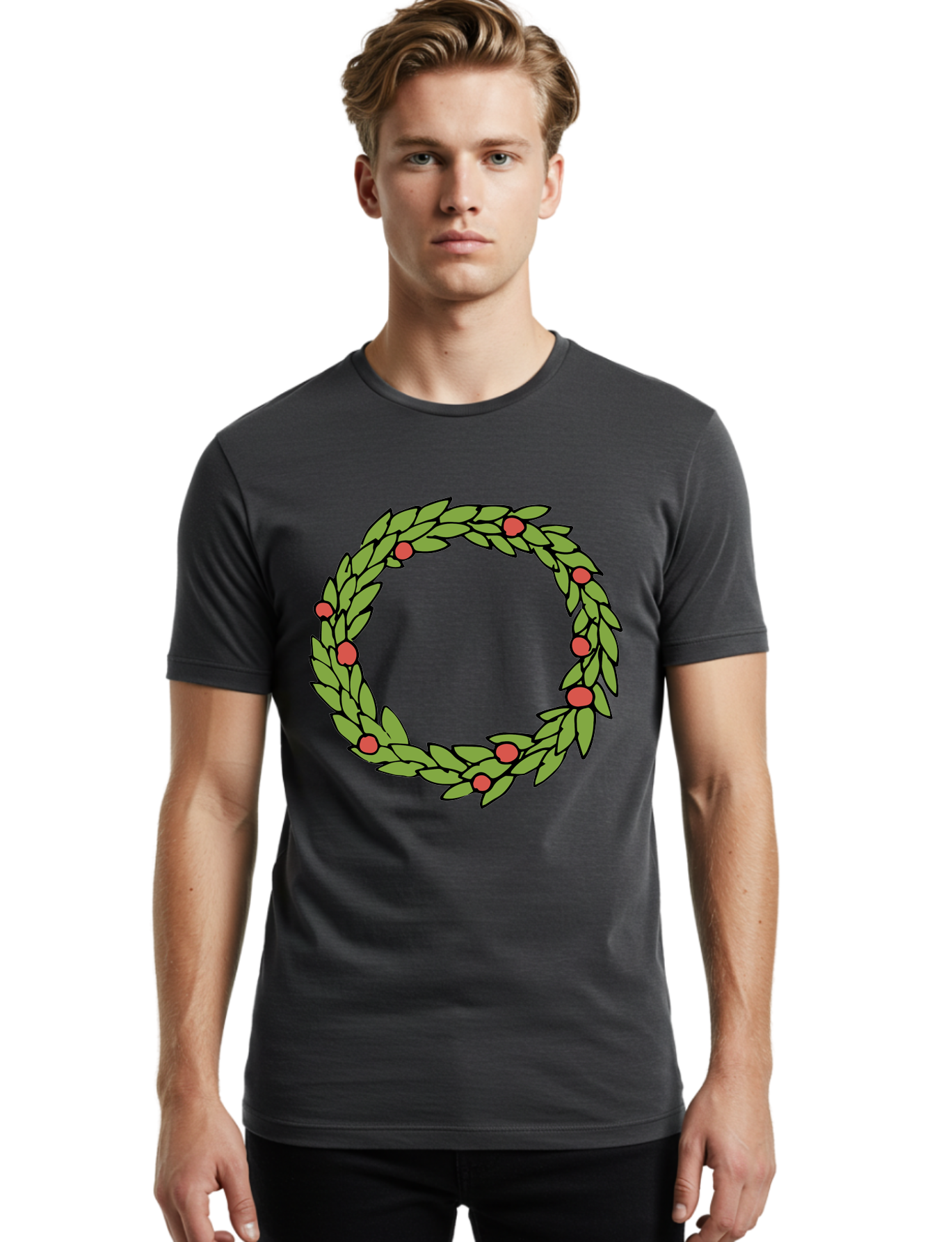 Laurel-Wreath Men'S Graphic Tee, 100% Cotton, Comfortable Casual Summer Wear, Machine Washable, Laurel Wreath, Green Leaves, Red Berries, Circular Design, Symbolic Motif, Traditional Emblem, Vintage Decoration, Classic Iconography, - Aaa960